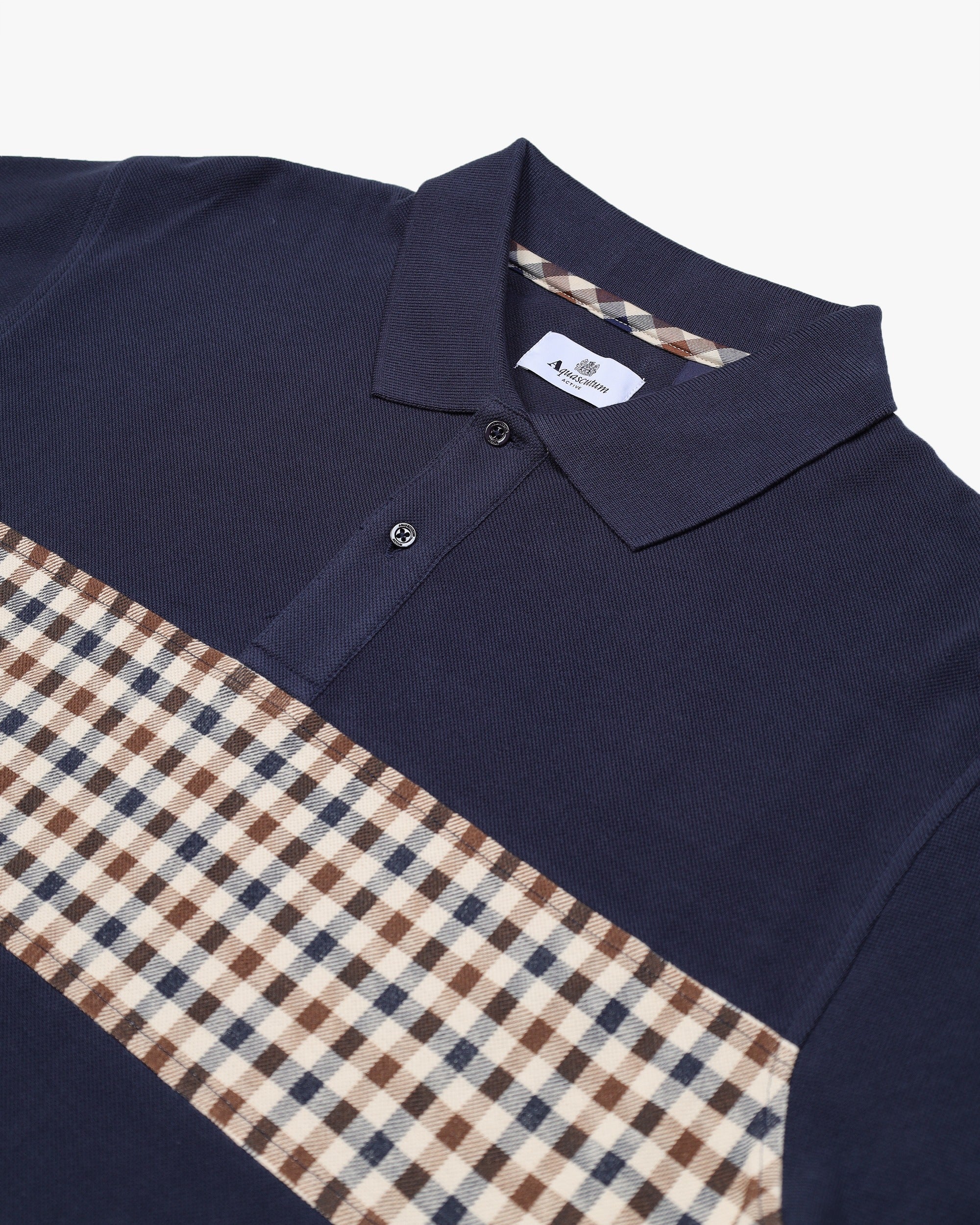 Aquascutum Active Club Check Stripe Long Sleeve Polo Navy - Image 2