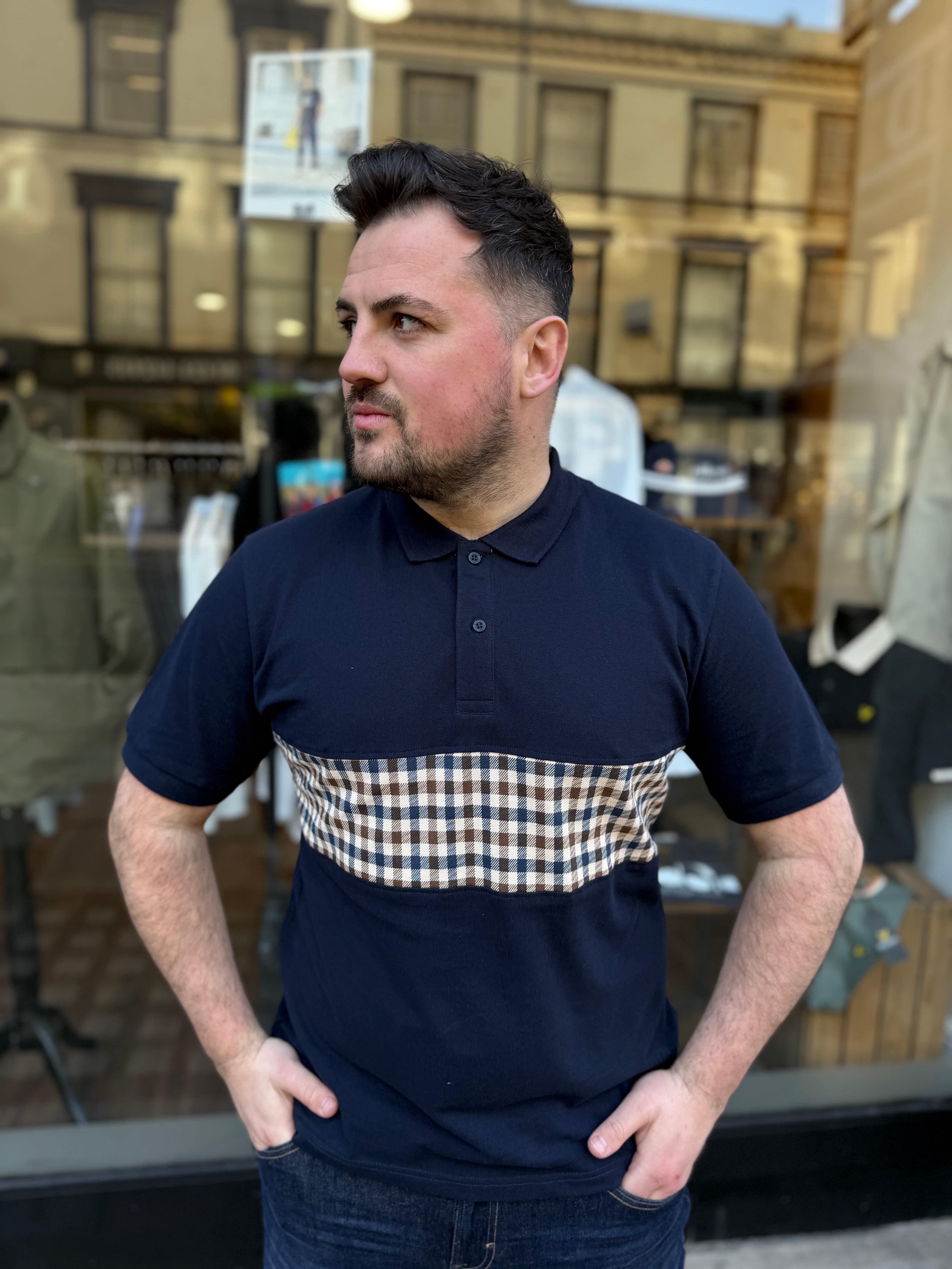 Aquascutum Club Check Stripe Polo Navy