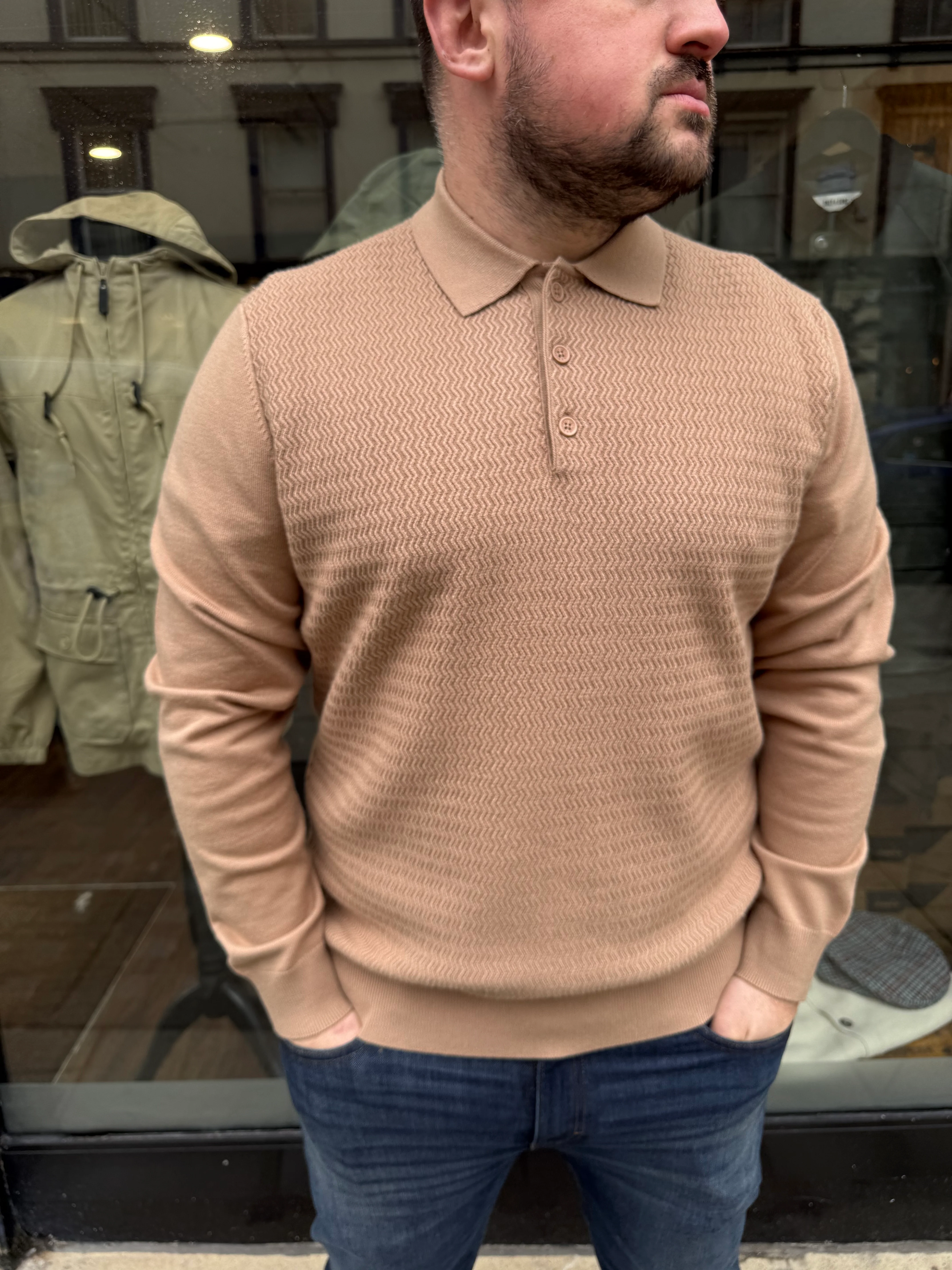 Arthur & Russell Long Sleeve Polo Shirt Taupe - Image 3