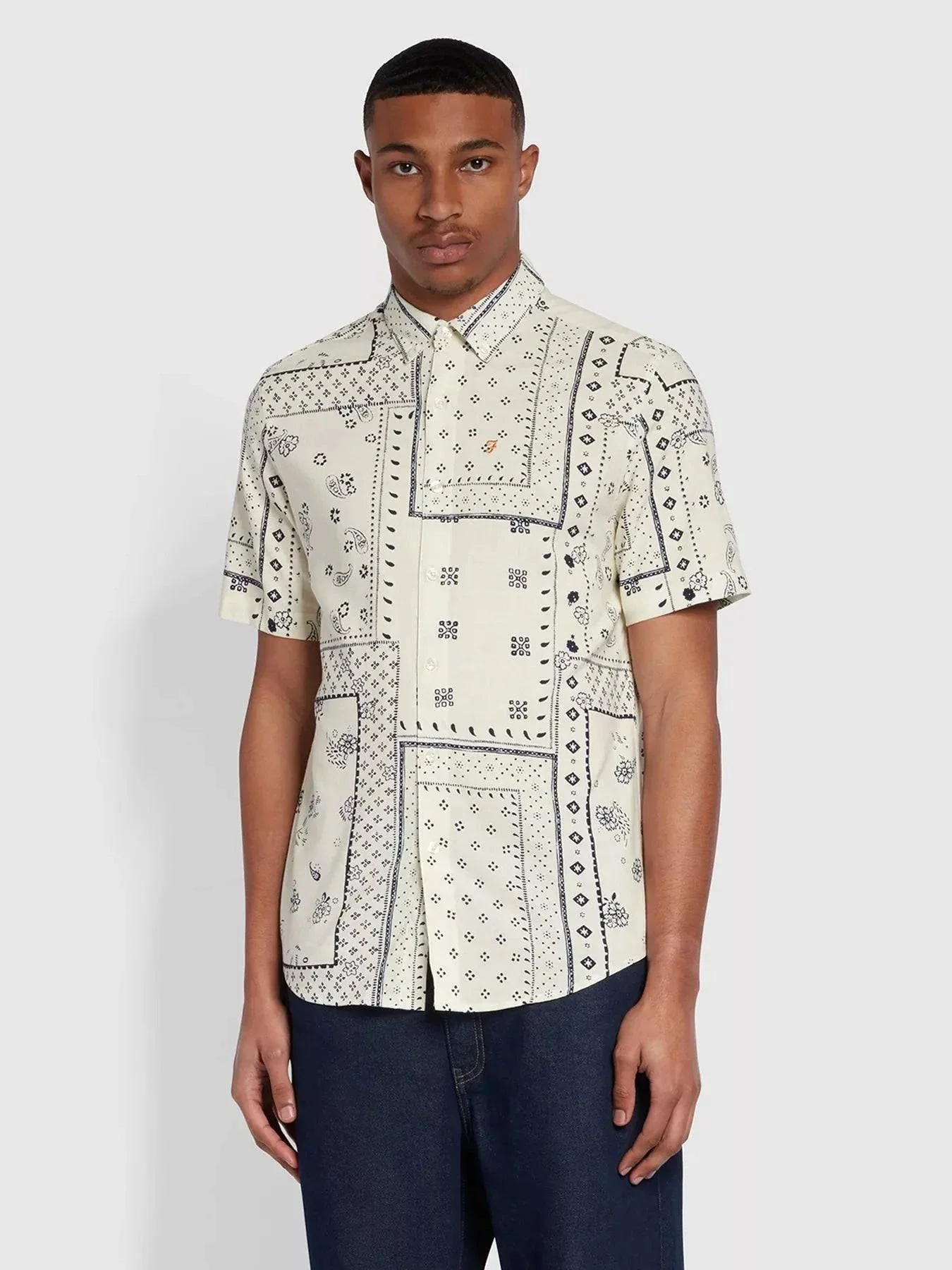 Farah Marcus SS BD Print Shirt in Ecru - Image 3