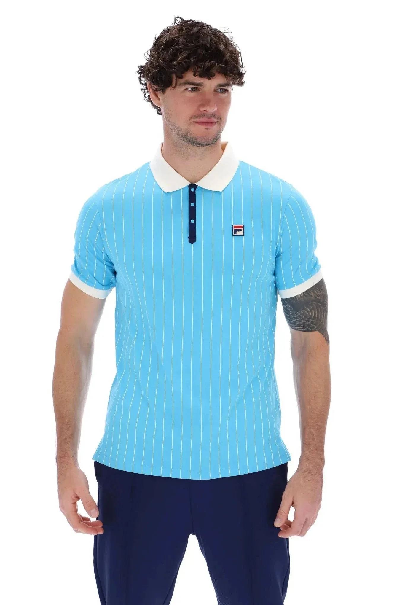 Fila BB1 Striped Polo In Cyan Blue/Gardenia/Navy - Image 2