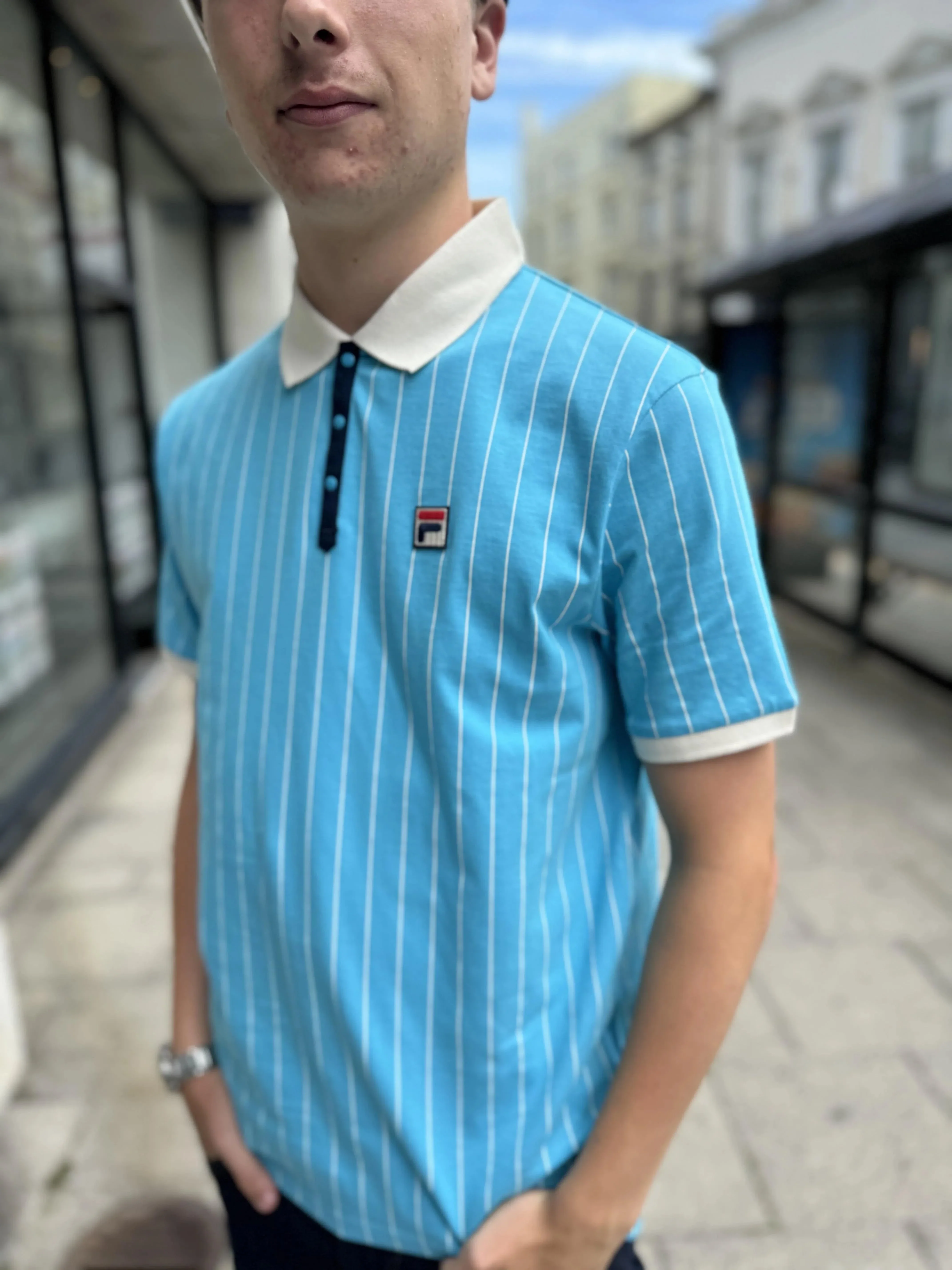 Fila BB1 Striped Polo In Cyan Blue/Gardenia/Navy - Image 4