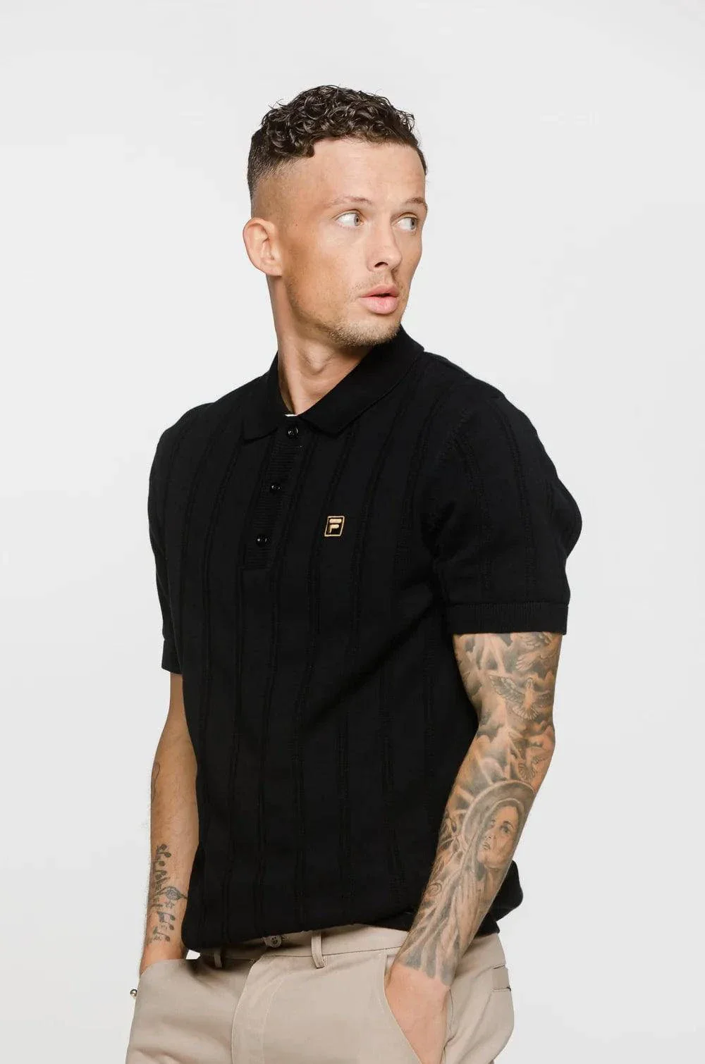 Fila Gold Kennedy Textured Stripe Knit Polo Black - Image 3