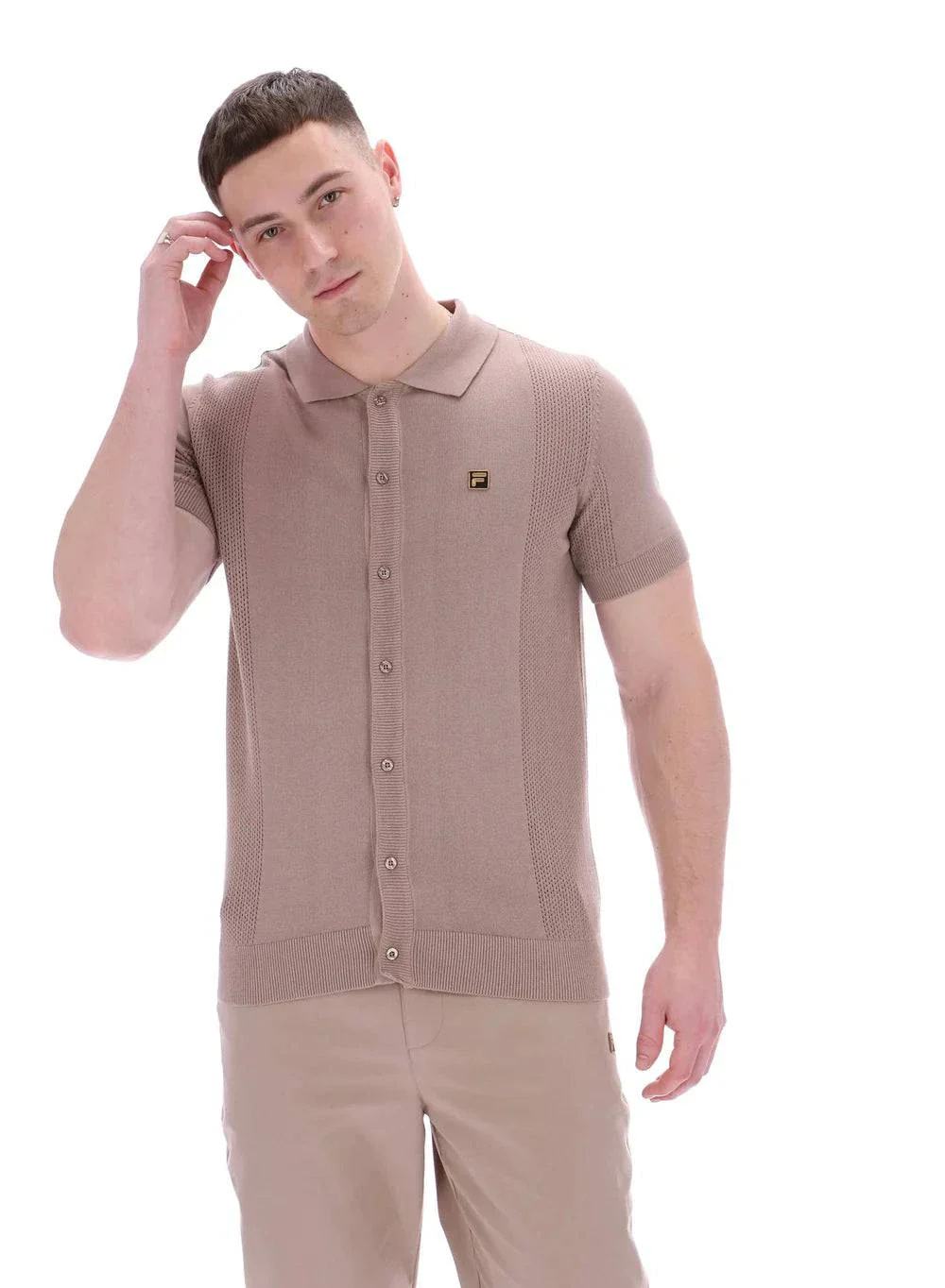 Fila Gold Walter Open Knit Pointelle Panel Polo Brown - Image 3
