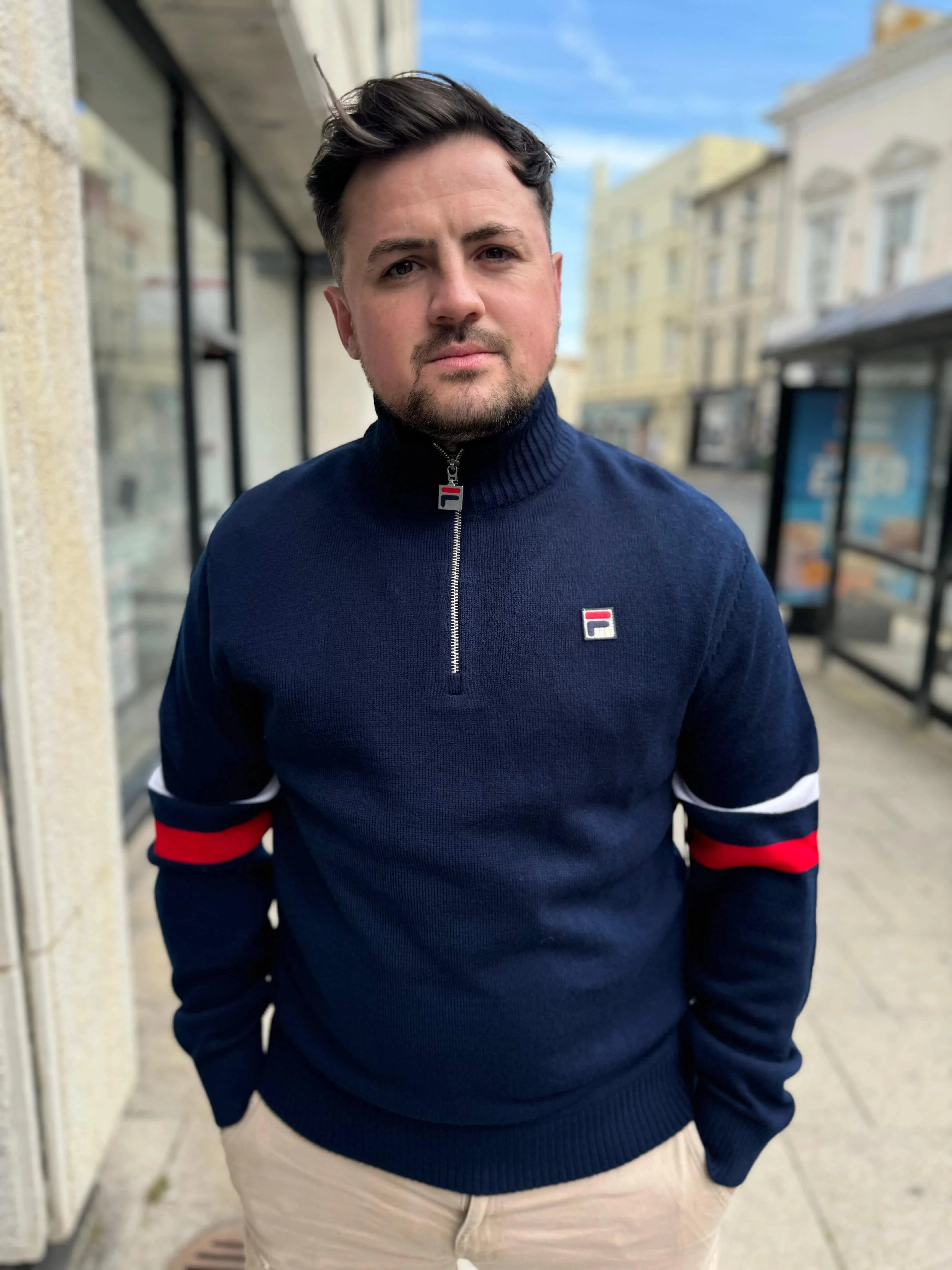 Fila Harrison 1/4 Zip Cotton Sweat In Navy/Red - Image 3