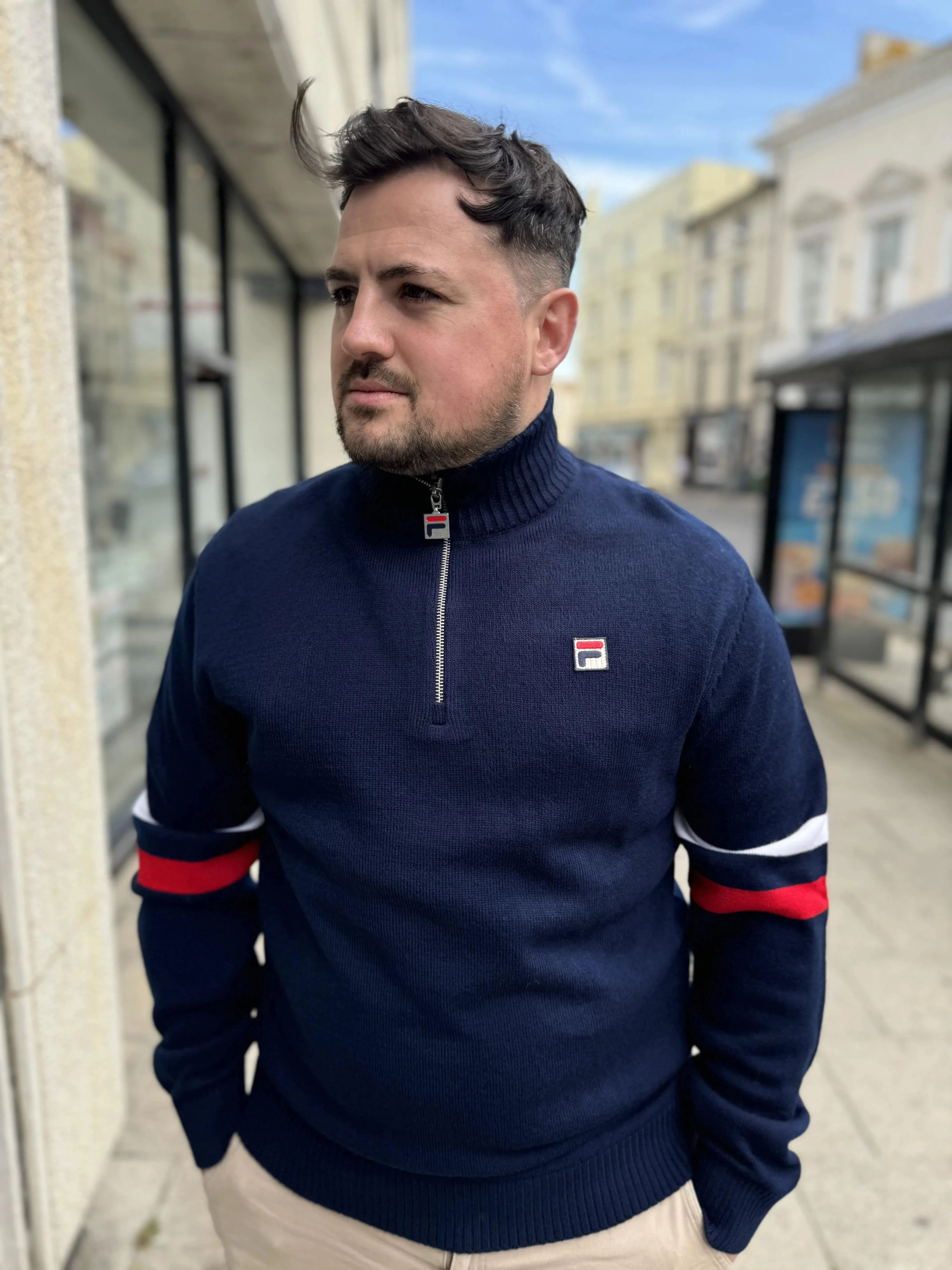 Fila Harrison 1/4 Zip Cotton Sweat In Navy/Red - Image 4