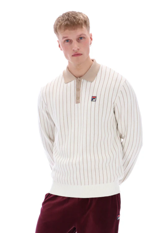 Fila Kobe Original Stripe Knitted Long Sleeve Polo Gardenia/Stone