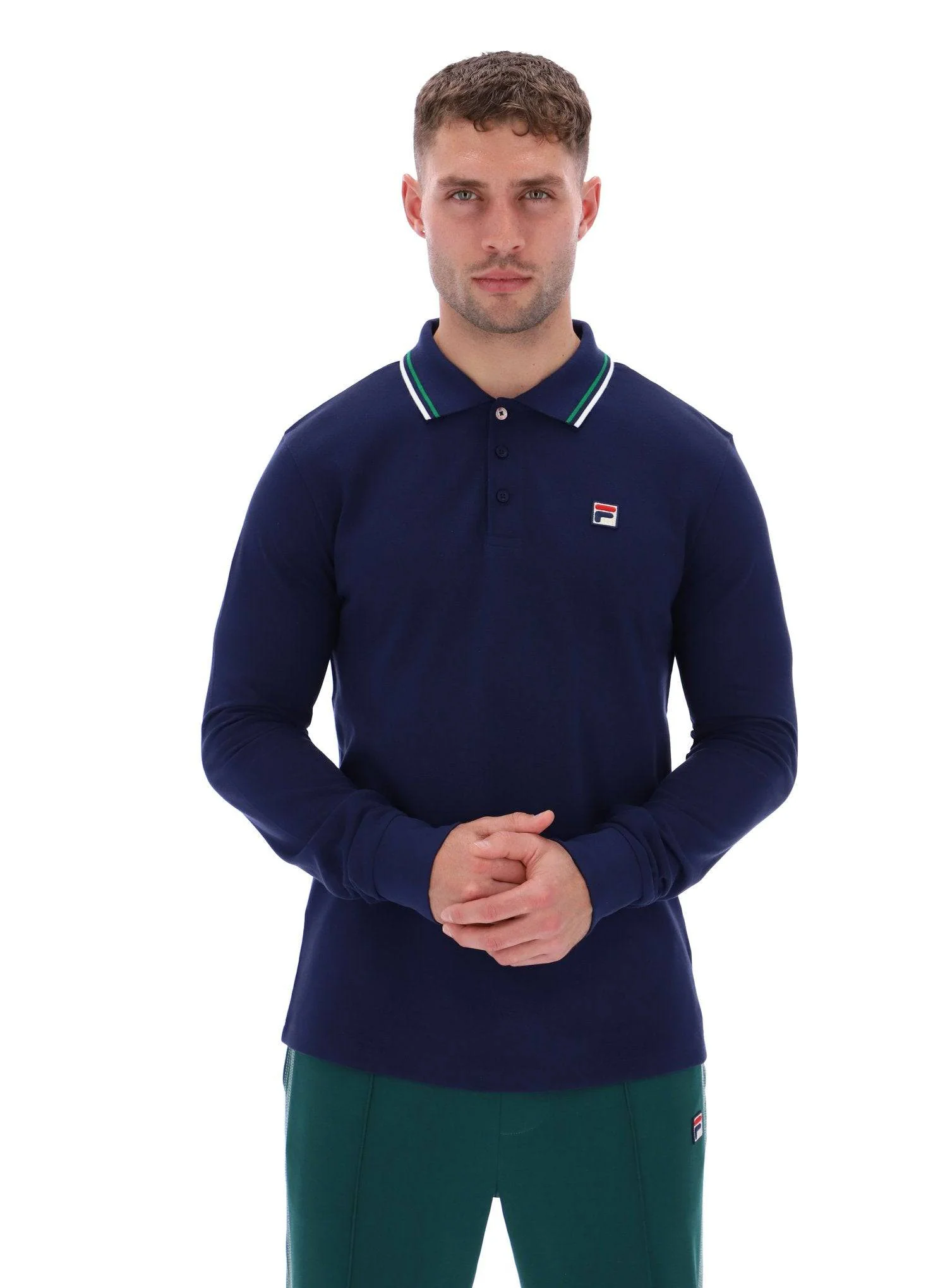Fila Monte Tipped Collar Long Sleeve Polo Shirt Navy/Gardenia/Green
