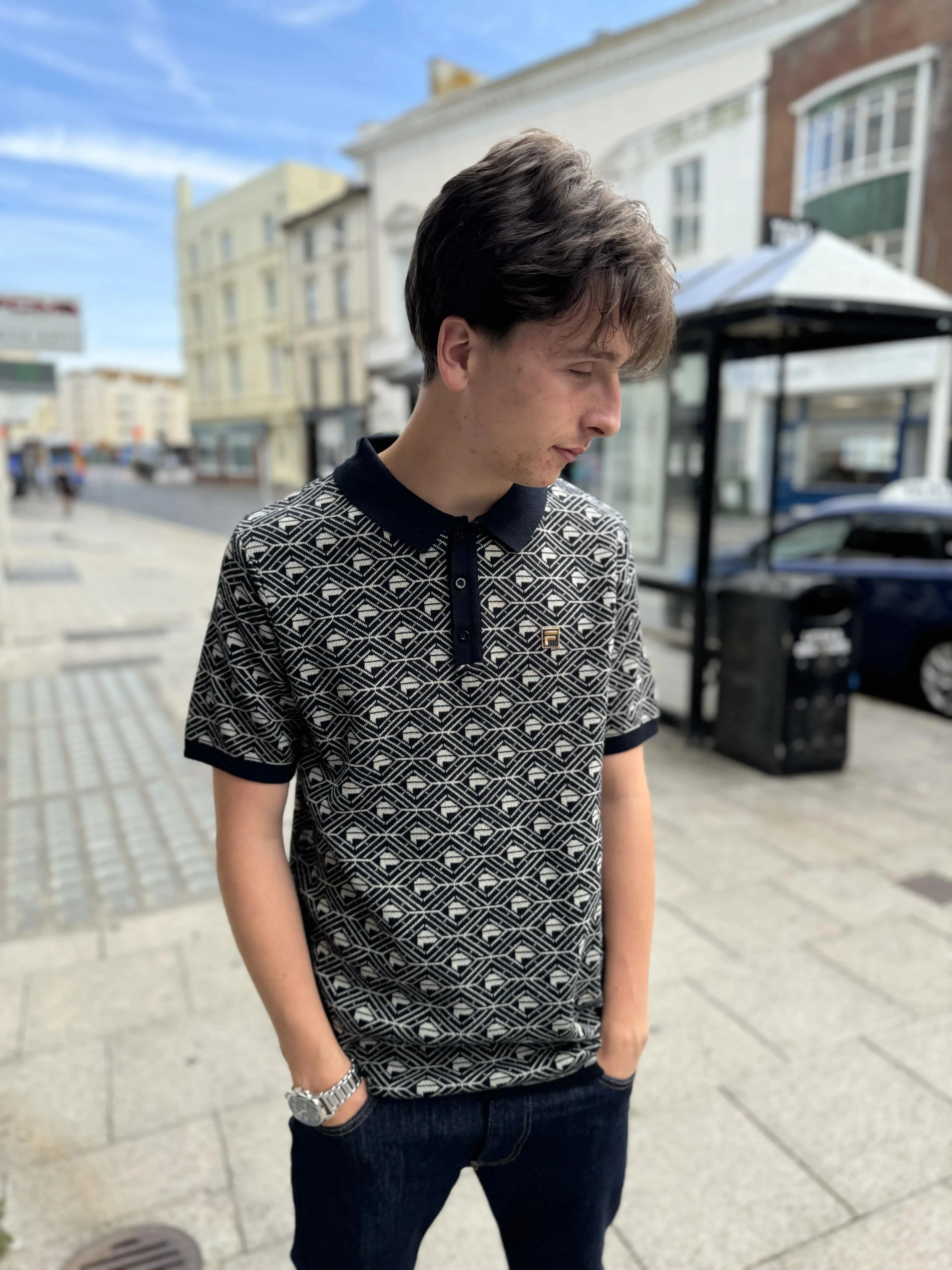 Fila Zano Geo Pattern Polo In Black/Abby Stone - Image 3