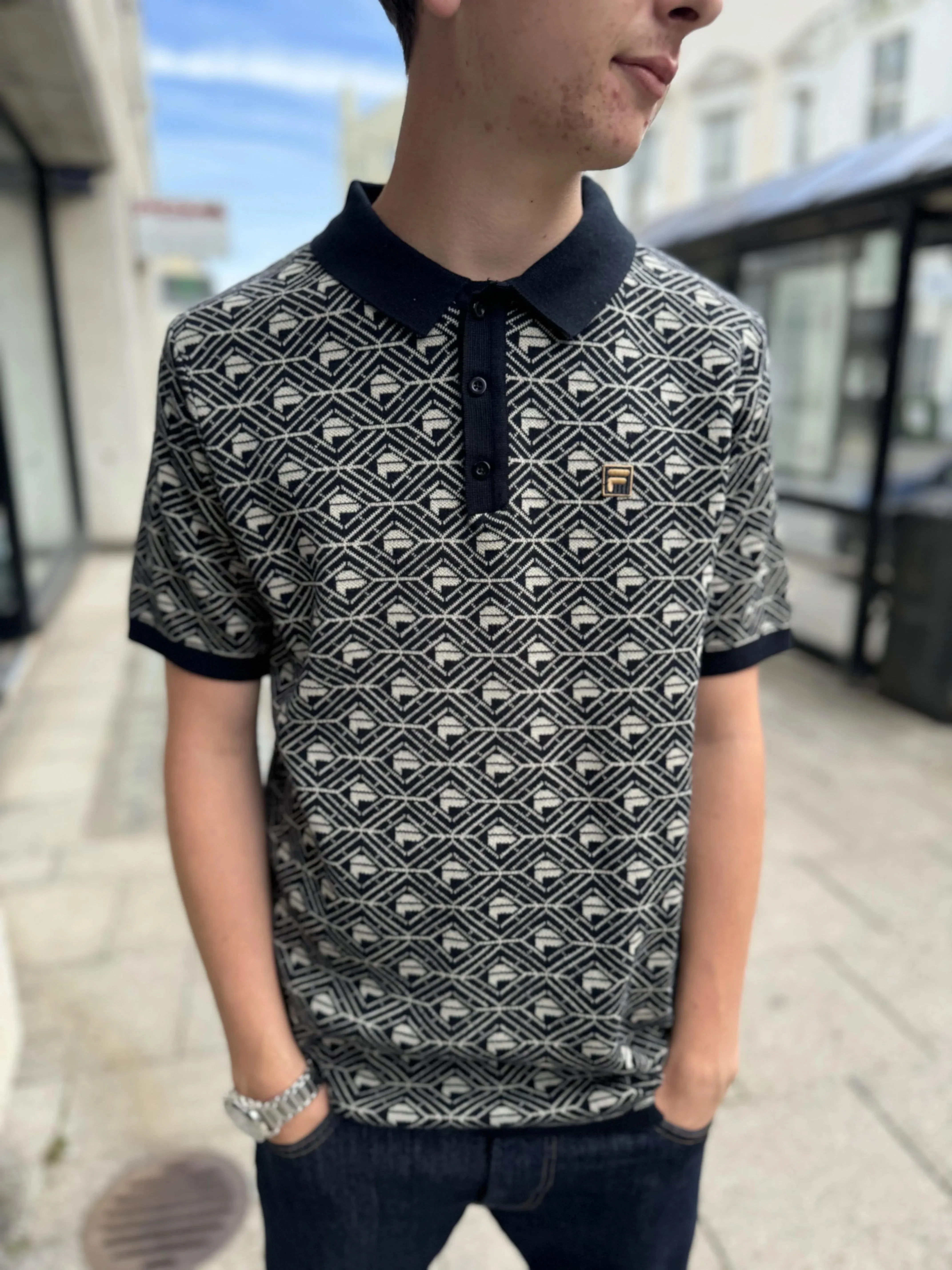 Fila Zano Geo Pattern Polo In Black/Abby Stone - Image 4