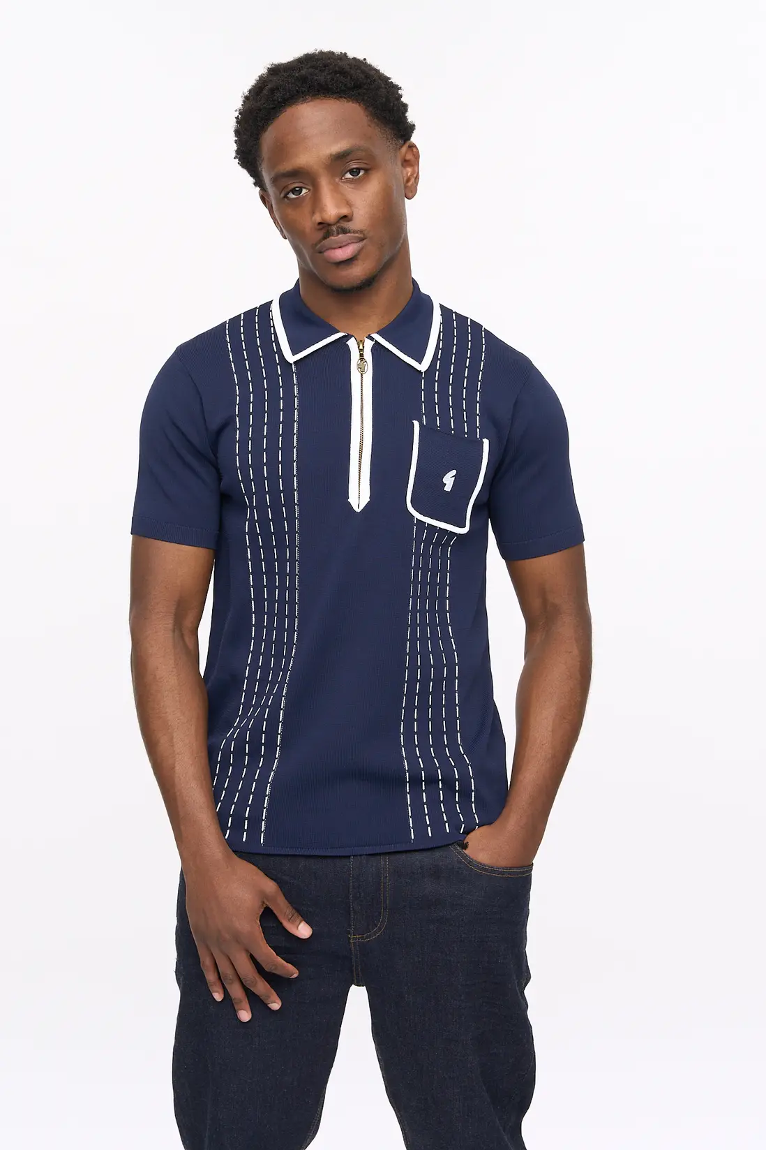 Gabicci Vintage Darron Knitted Polo Shirt Navy - Image 2