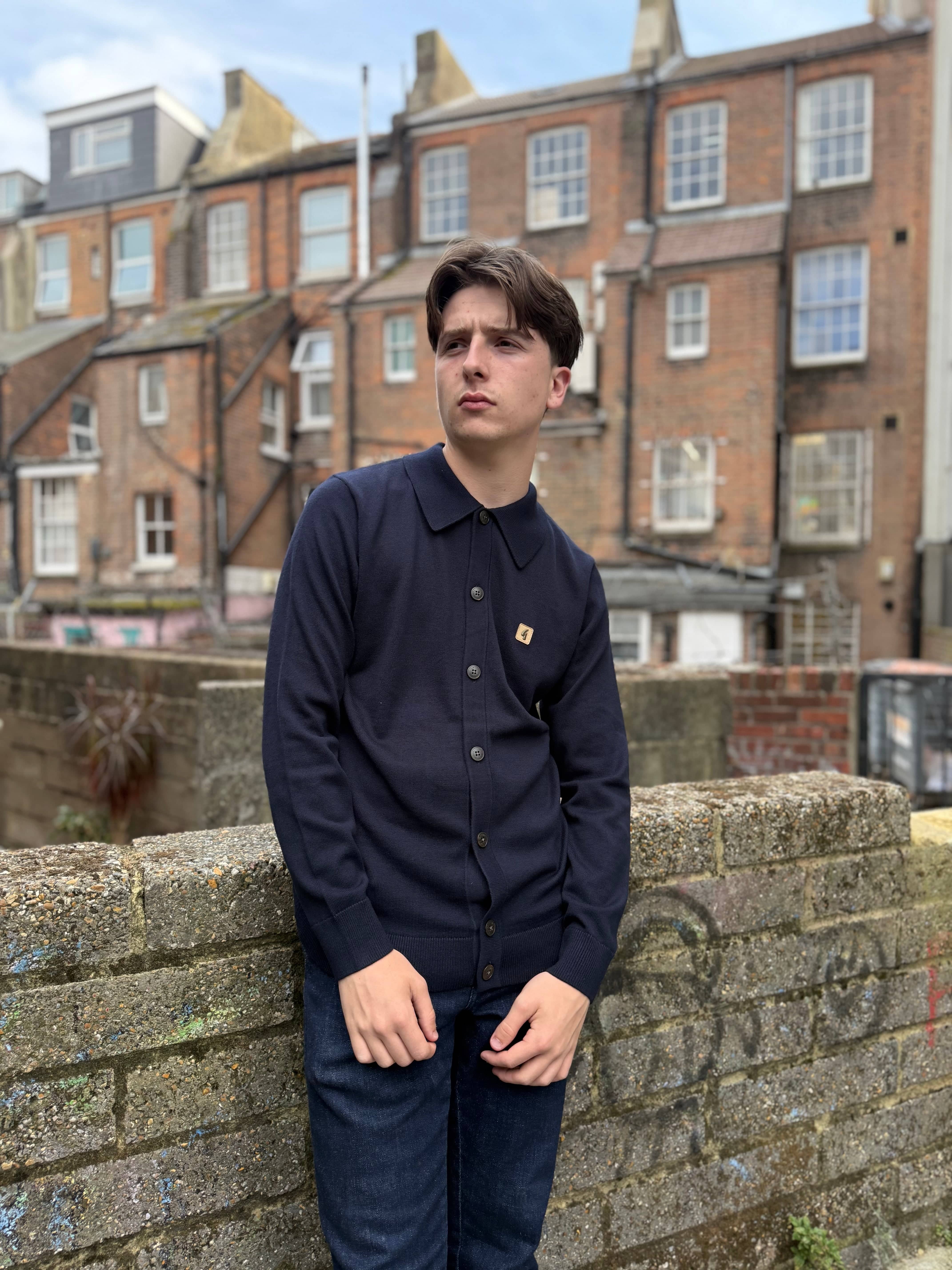 Gabicci Vintage Azima Button Through Long Sleeve Polo Knit Navy - Image 2
