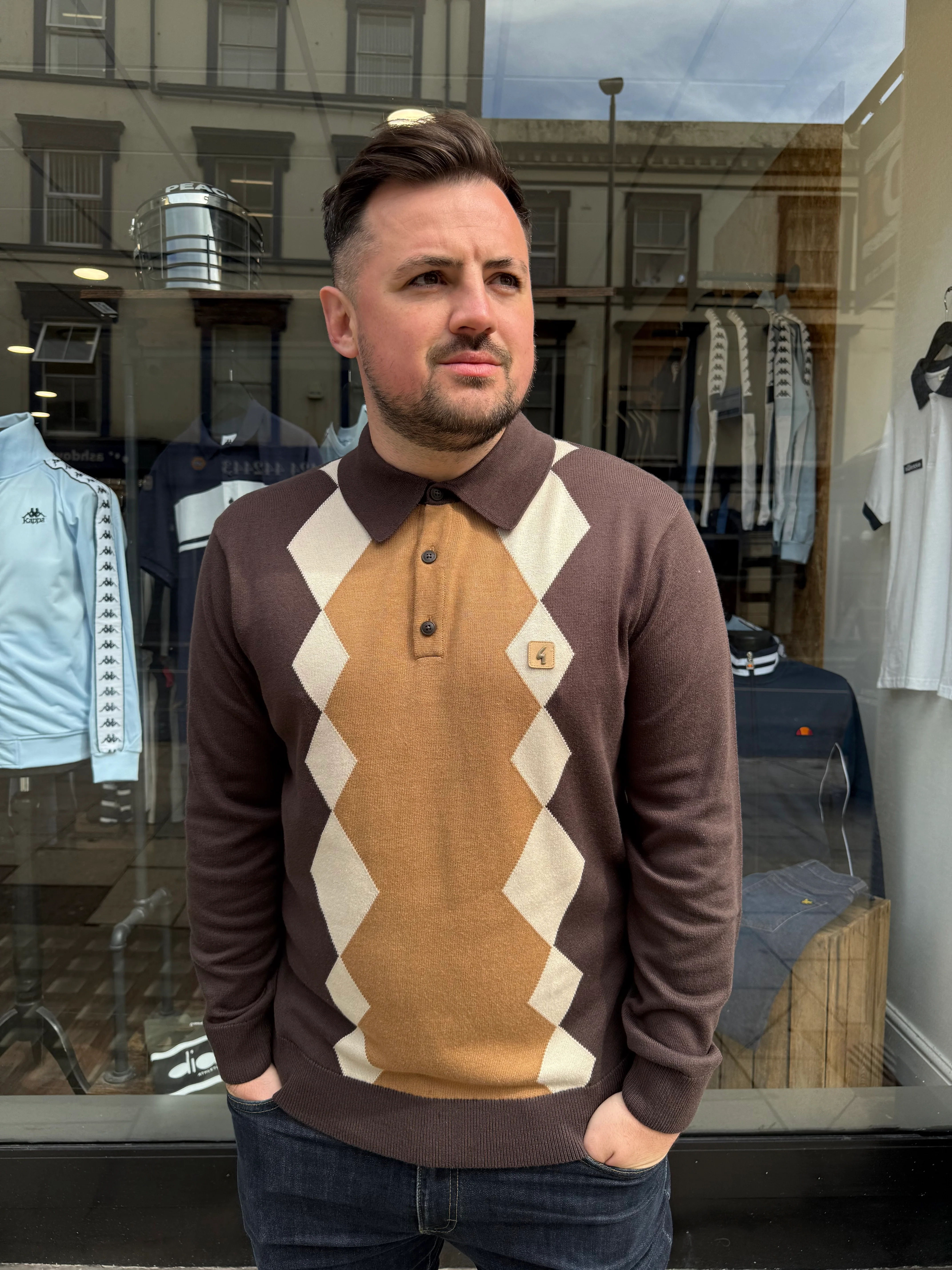 Gabicci Vintage Bond Knitted Long Sleeve Polo Shirt Clove
