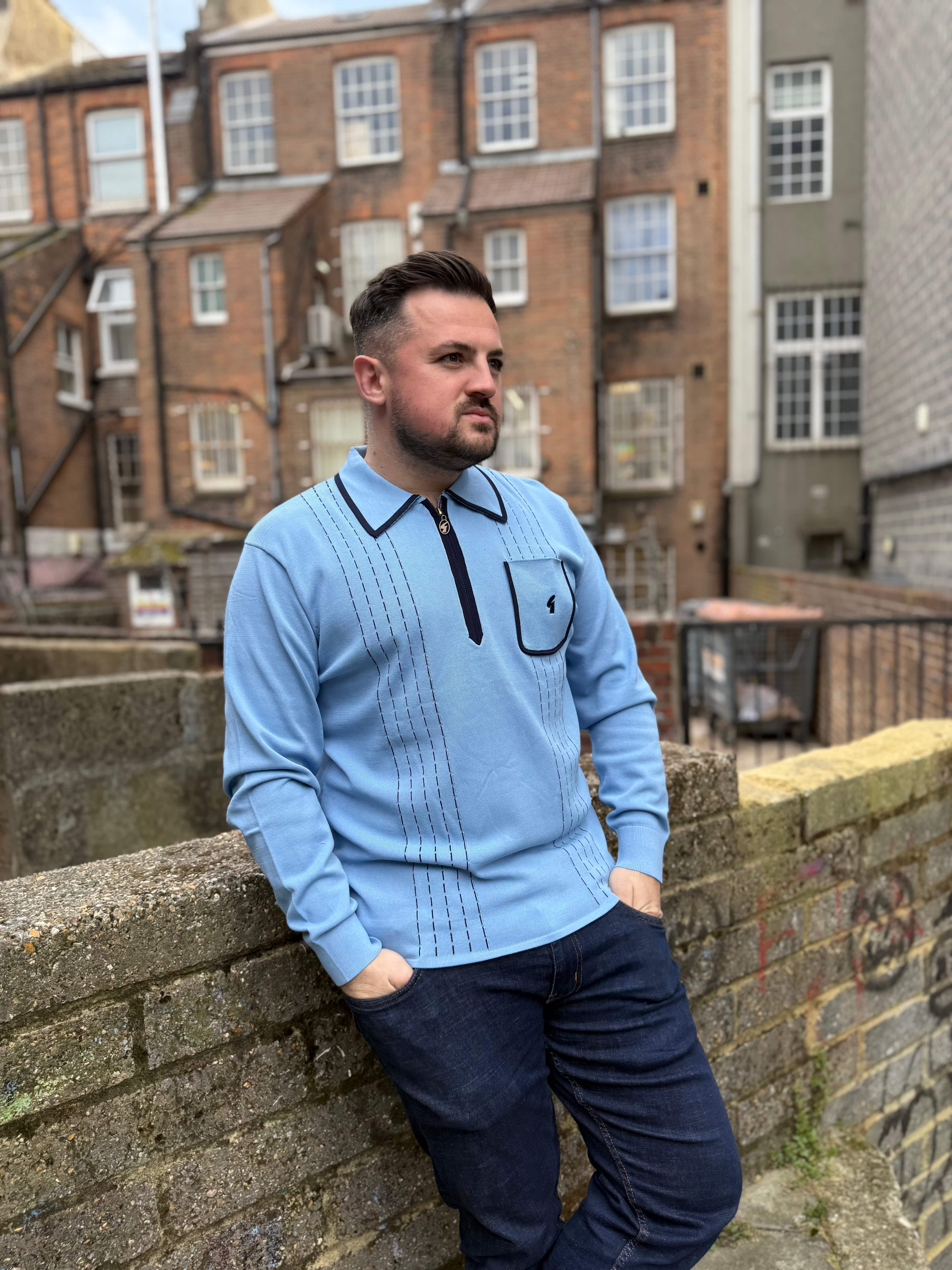 Gabicci Vintage Darron Knitted Long Sleeve Polo Iceberg - Image 2