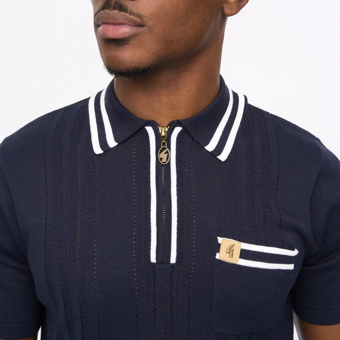 Gabicci Vintage Johnson Knitted Zip Polo Navy - Image 3