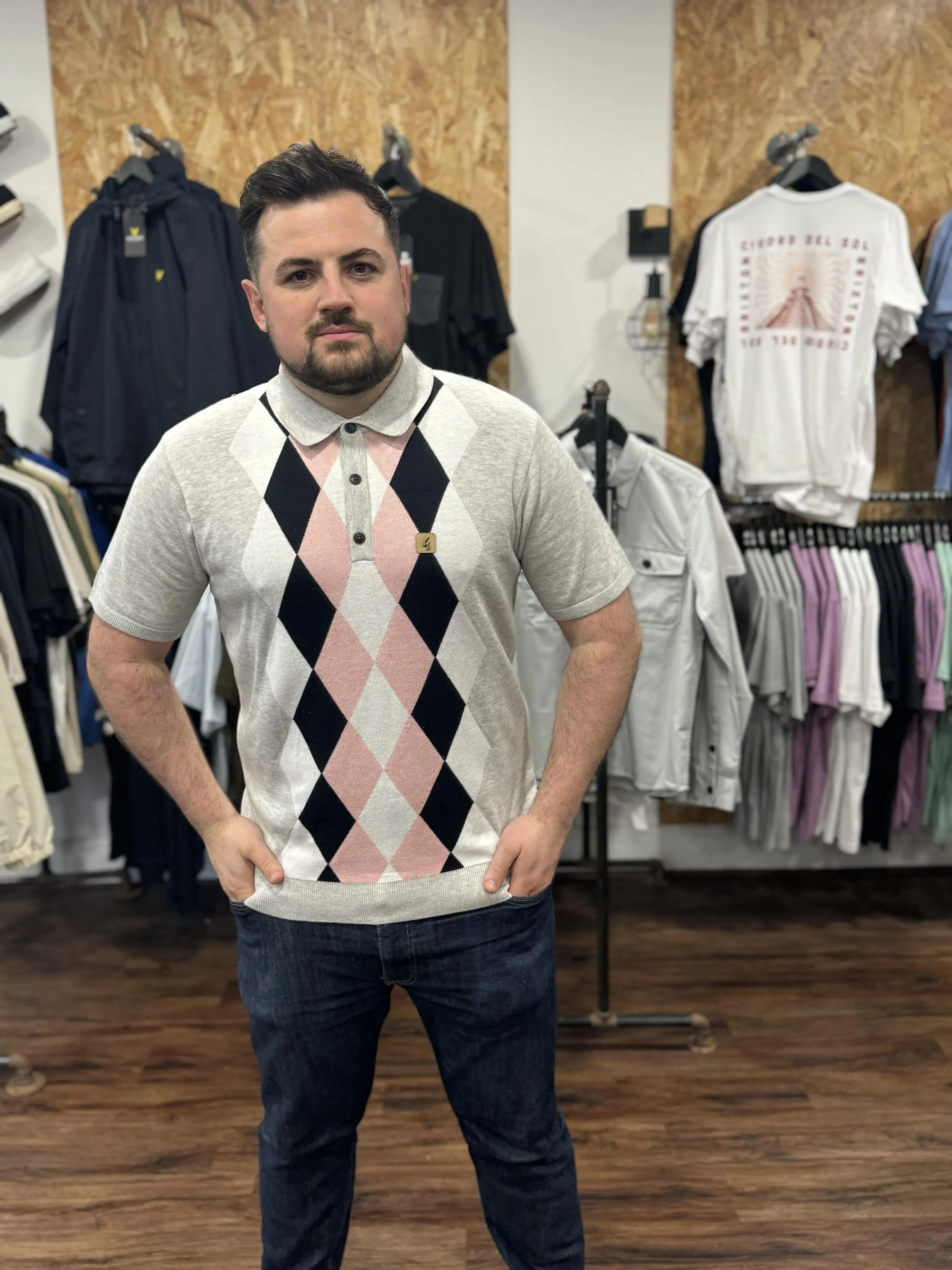 Gabicci Vintage Pablo S\S Argyle Knit In Ash