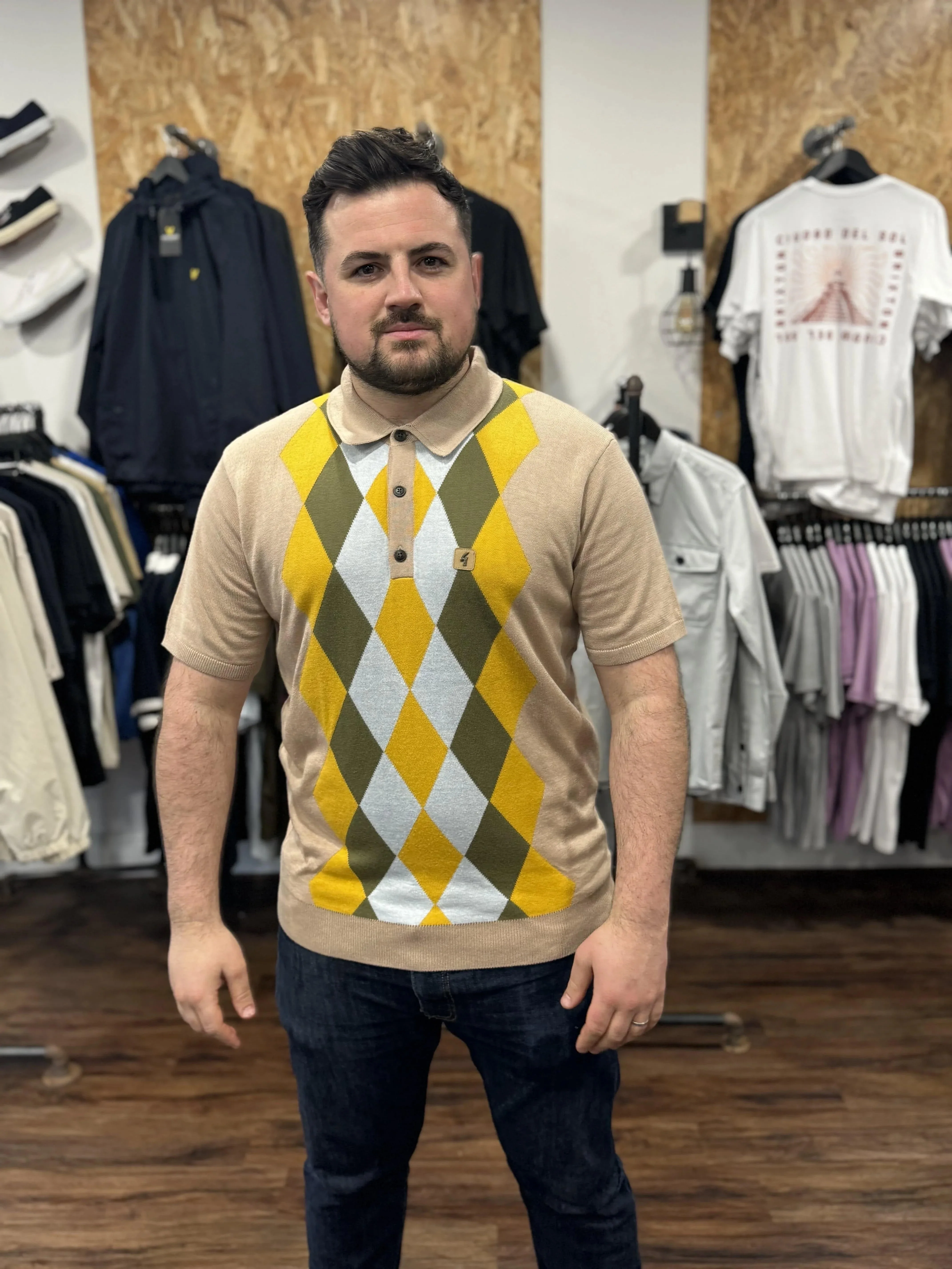 Gabicci Vintage Pablo S\S Argyle Knit In Granola