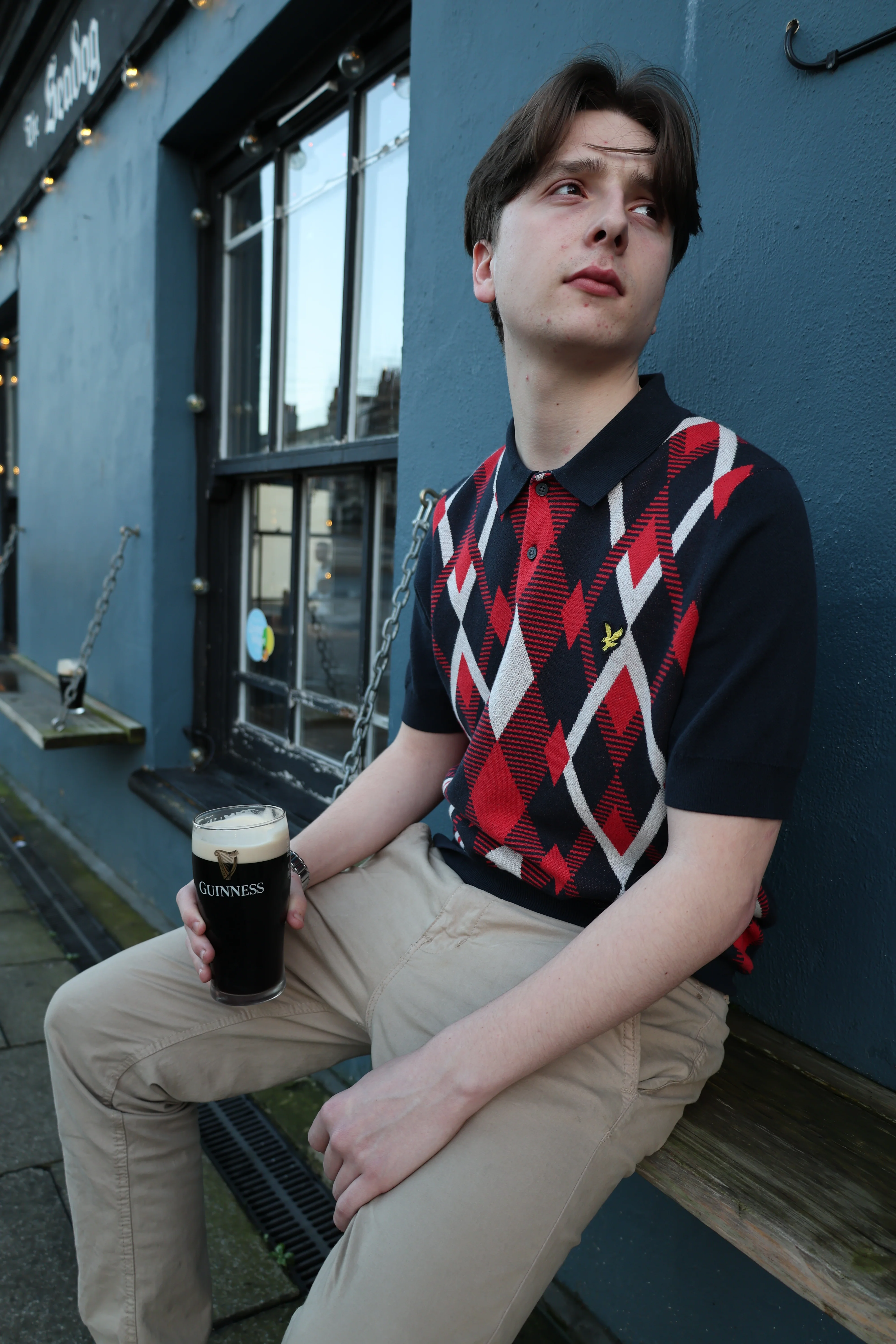 Lyle & Scott Cotton Argyle Short Sleeve Knitted Polo Dark Navy/Red Cherry
