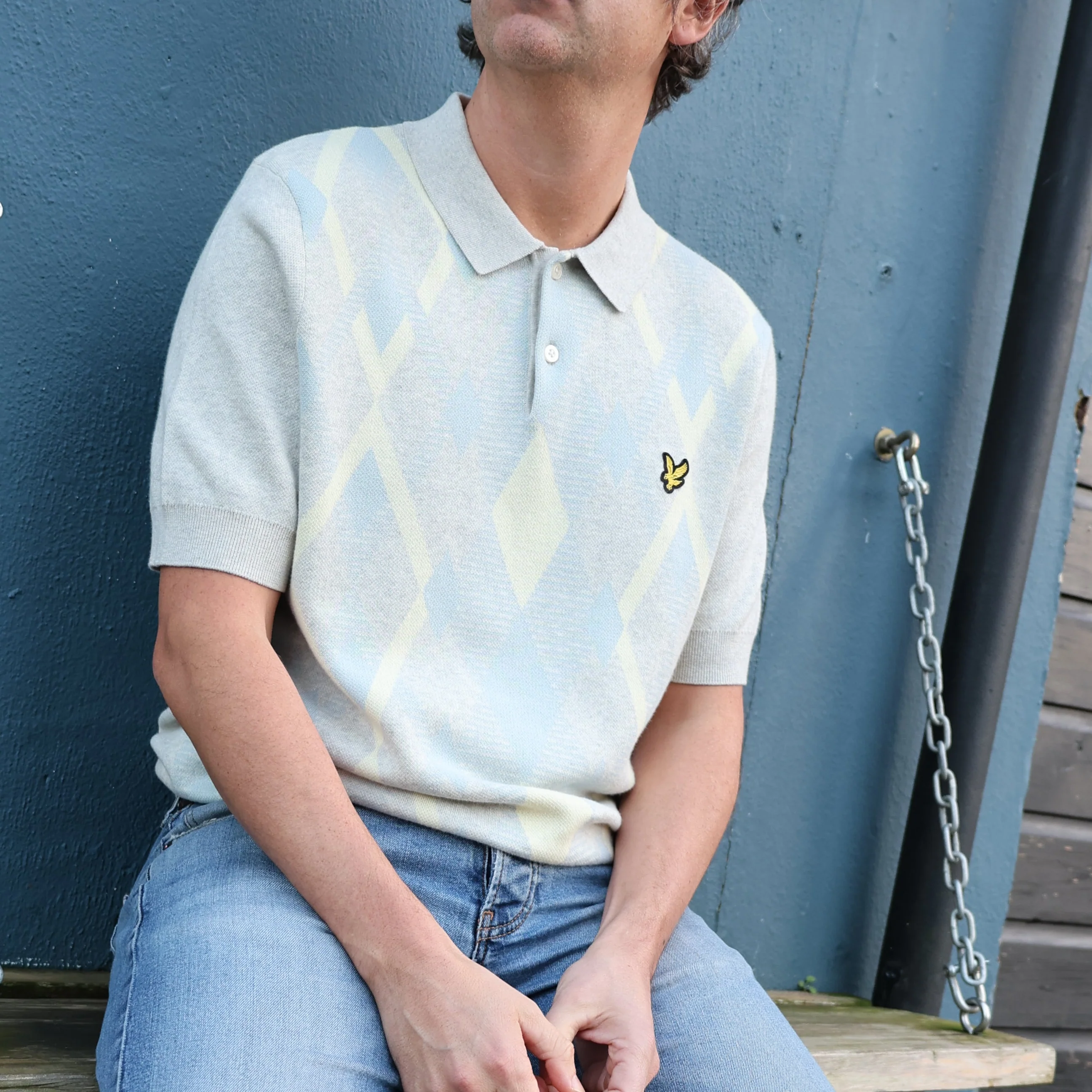 Lyle & Scott Cotton Argyle Short Sleeve Knitted Polo Light Grey Marl/ Opal Blue