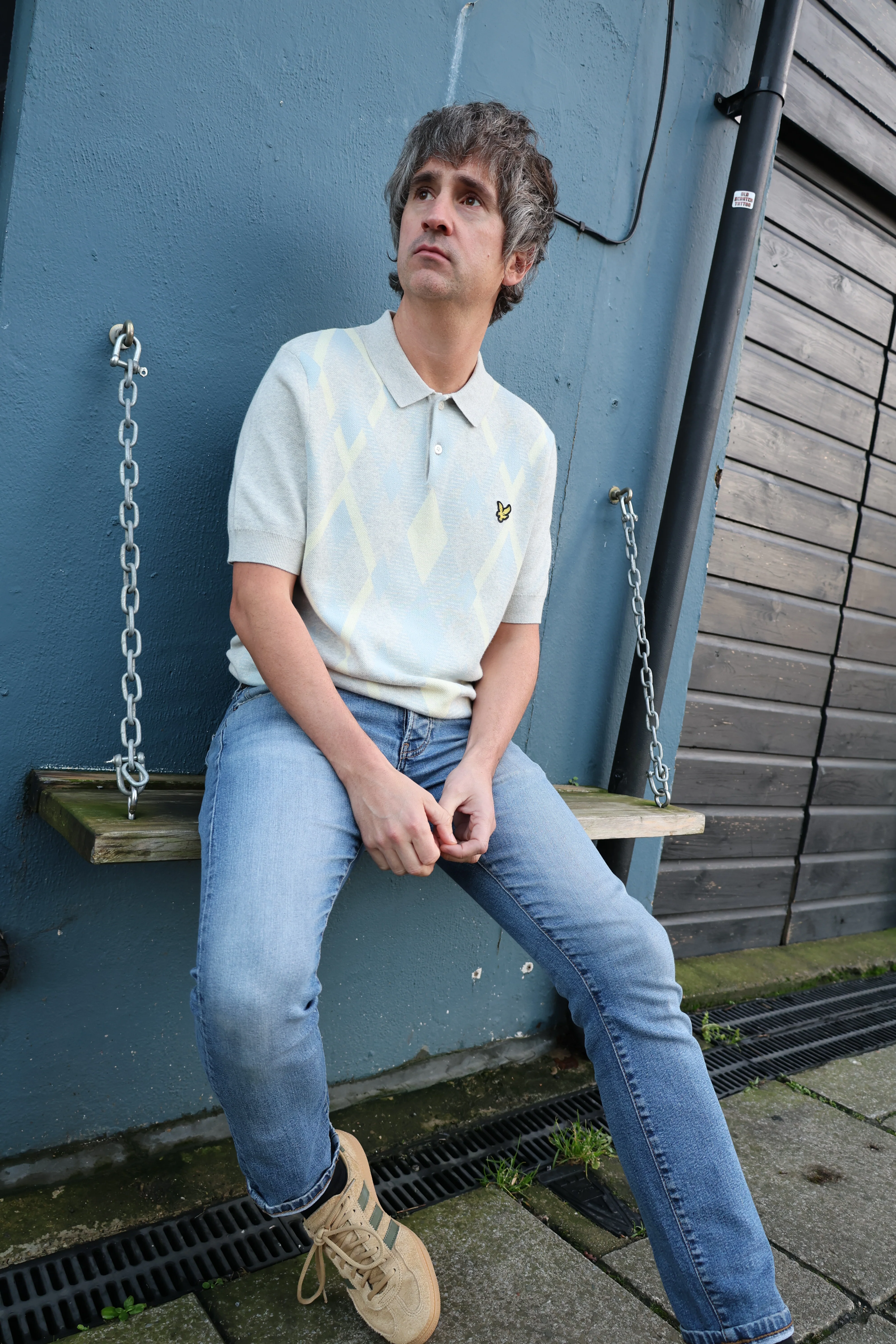 Lyle & Scott Cotton Argyle Short Sleeve Knitted Polo Light Grey Marl/ Opal Blue - Image 4