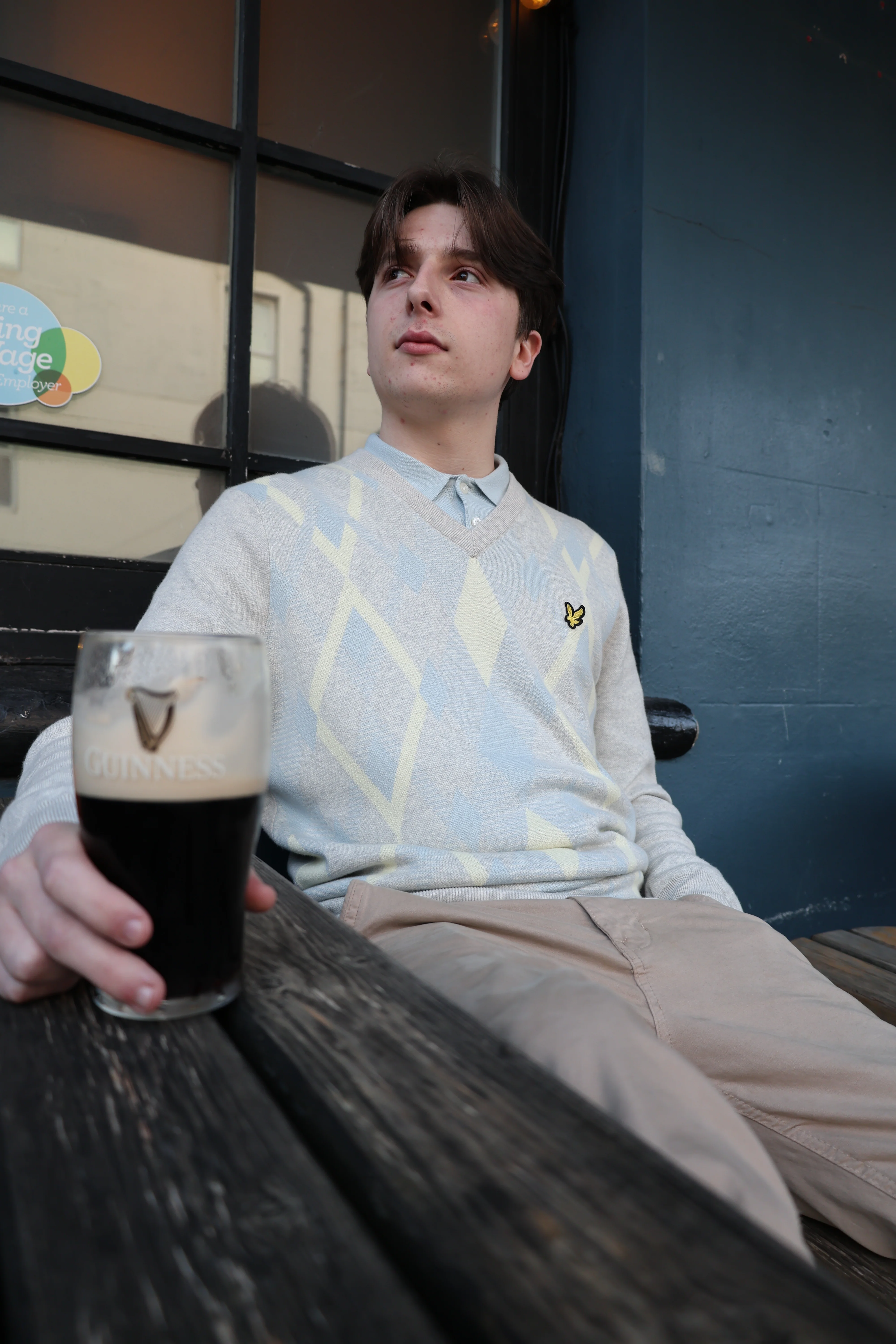 Lyle & Scott Cotton Argyle V Neck Jumper Light Grey Marl/ Opal Blue