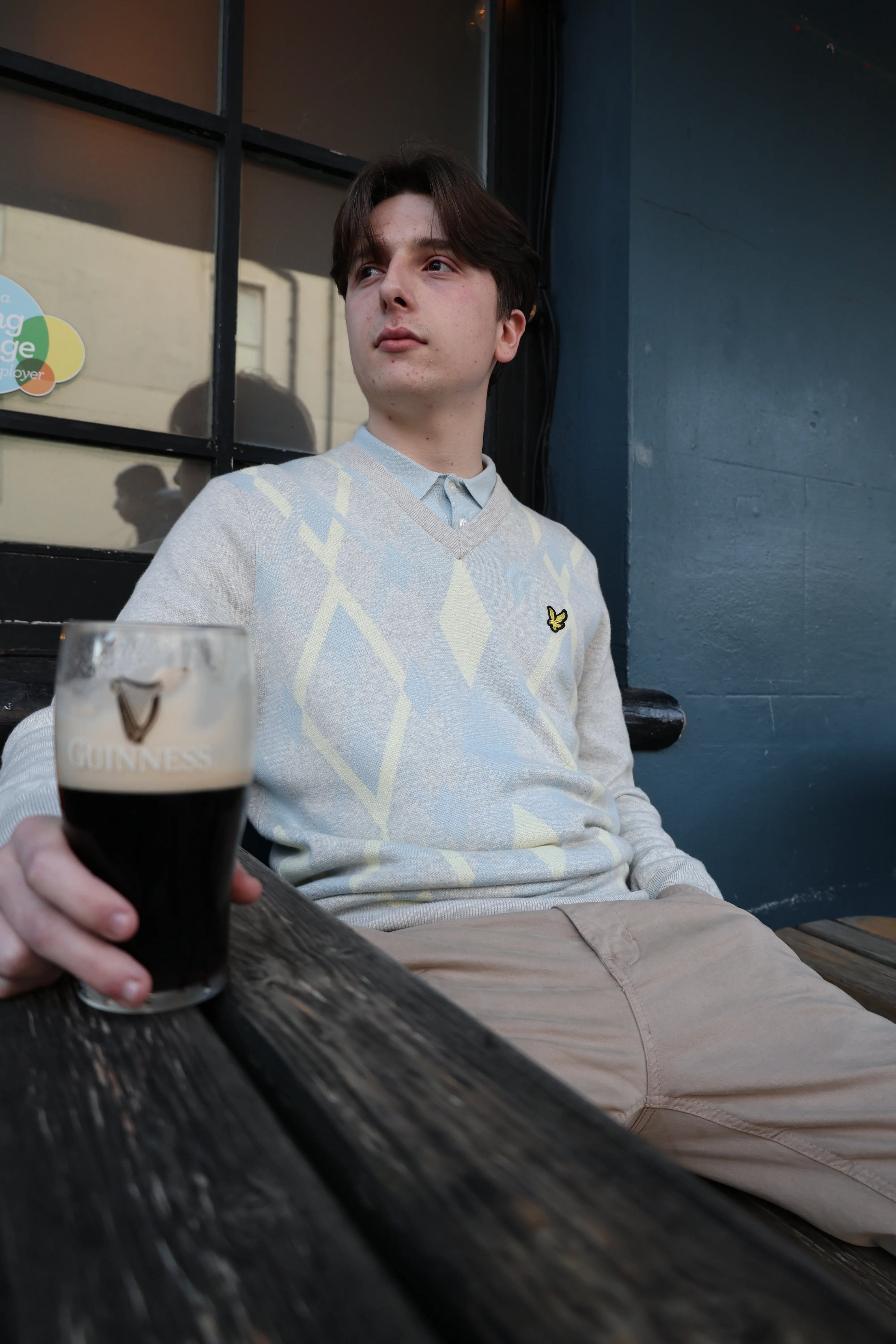 Lyle & Scott Cotton Argyle V Neck Jumper Light Grey Marl/ Opal Blue - Image 2