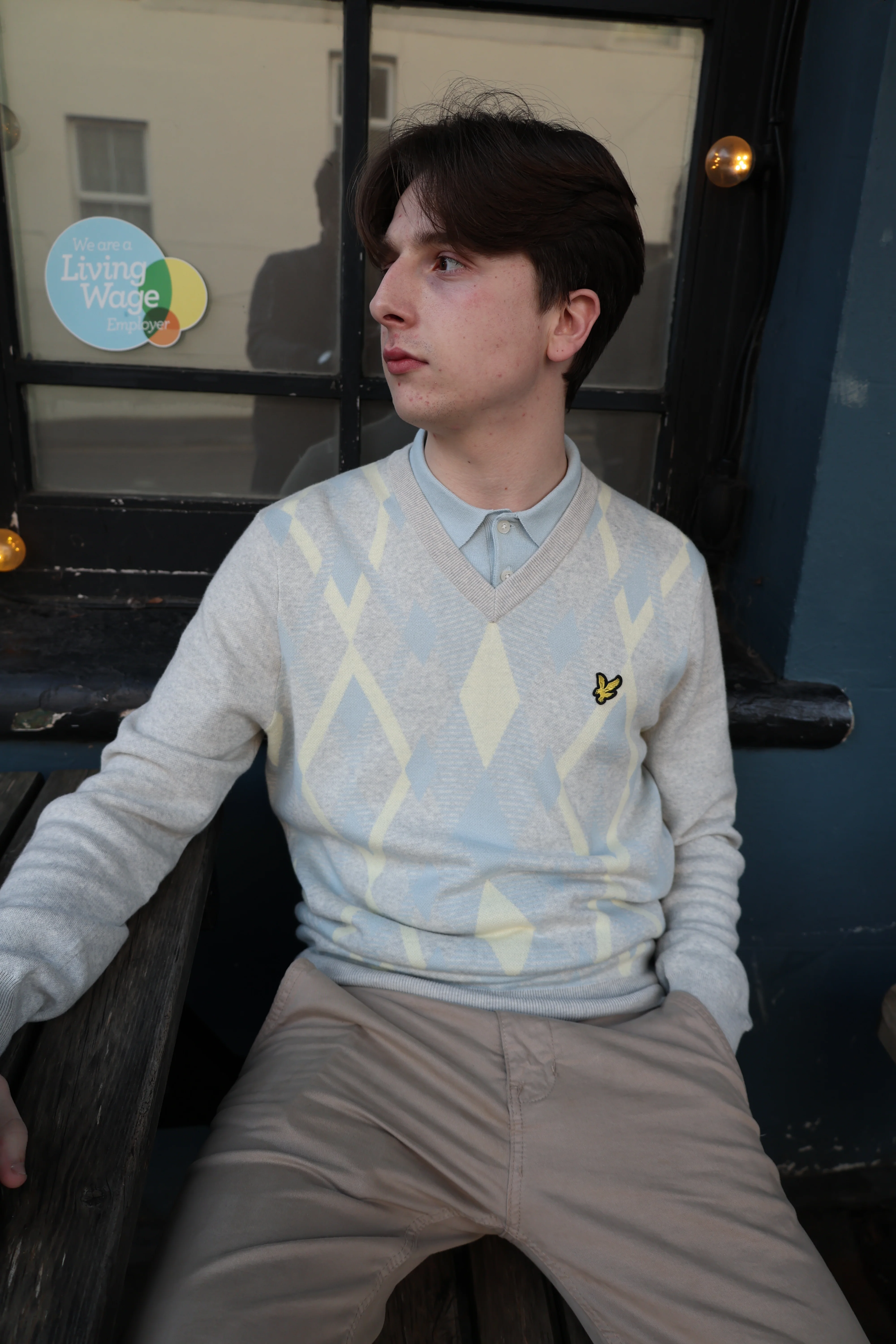 Lyle & Scott Cotton Argyle V Neck Jumper Light Grey Marl/ Opal Blue - Image 3