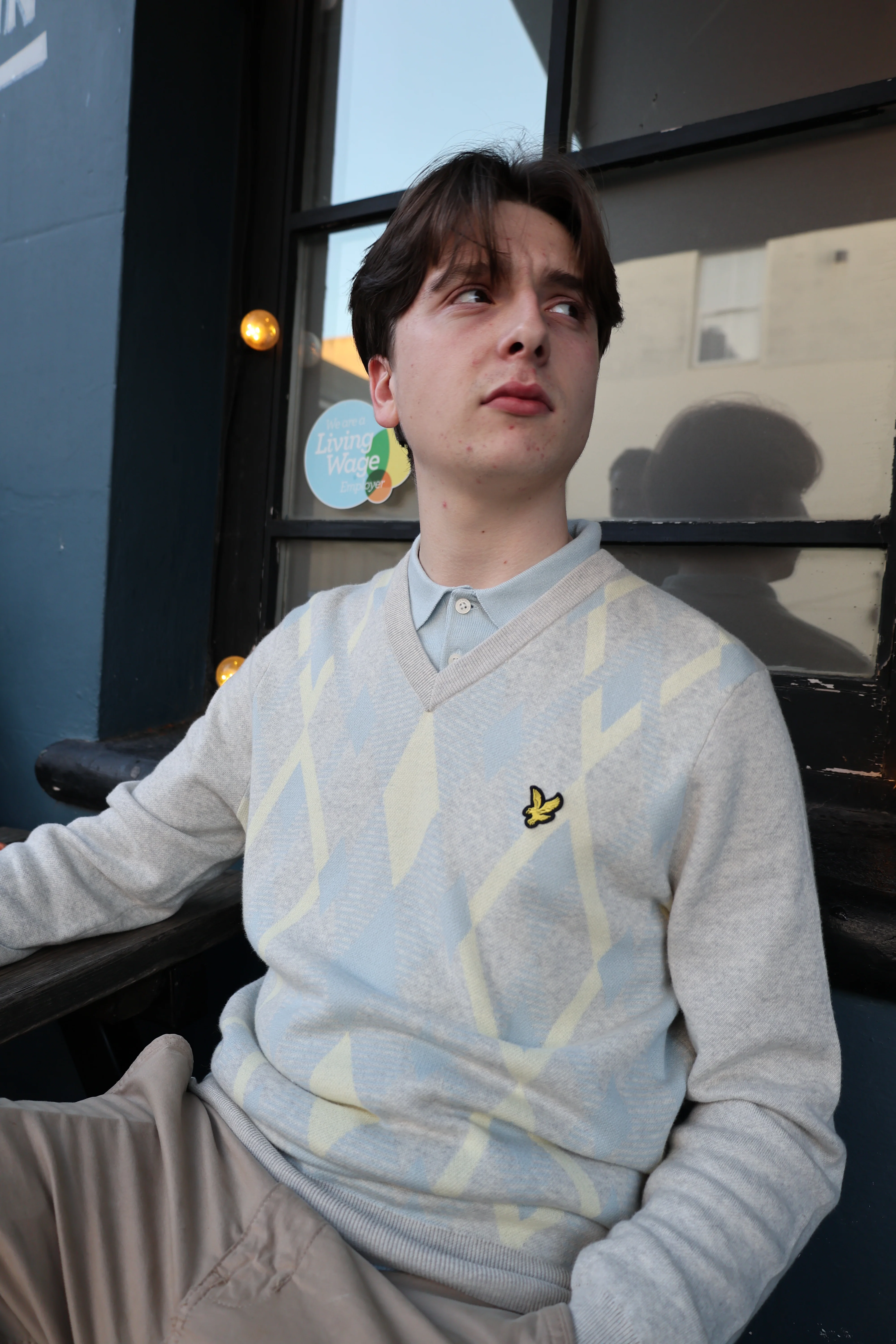 Lyle & Scott Cotton Argyle V Neck Jumper Light Grey Marl/ Opal Blue - Image 4