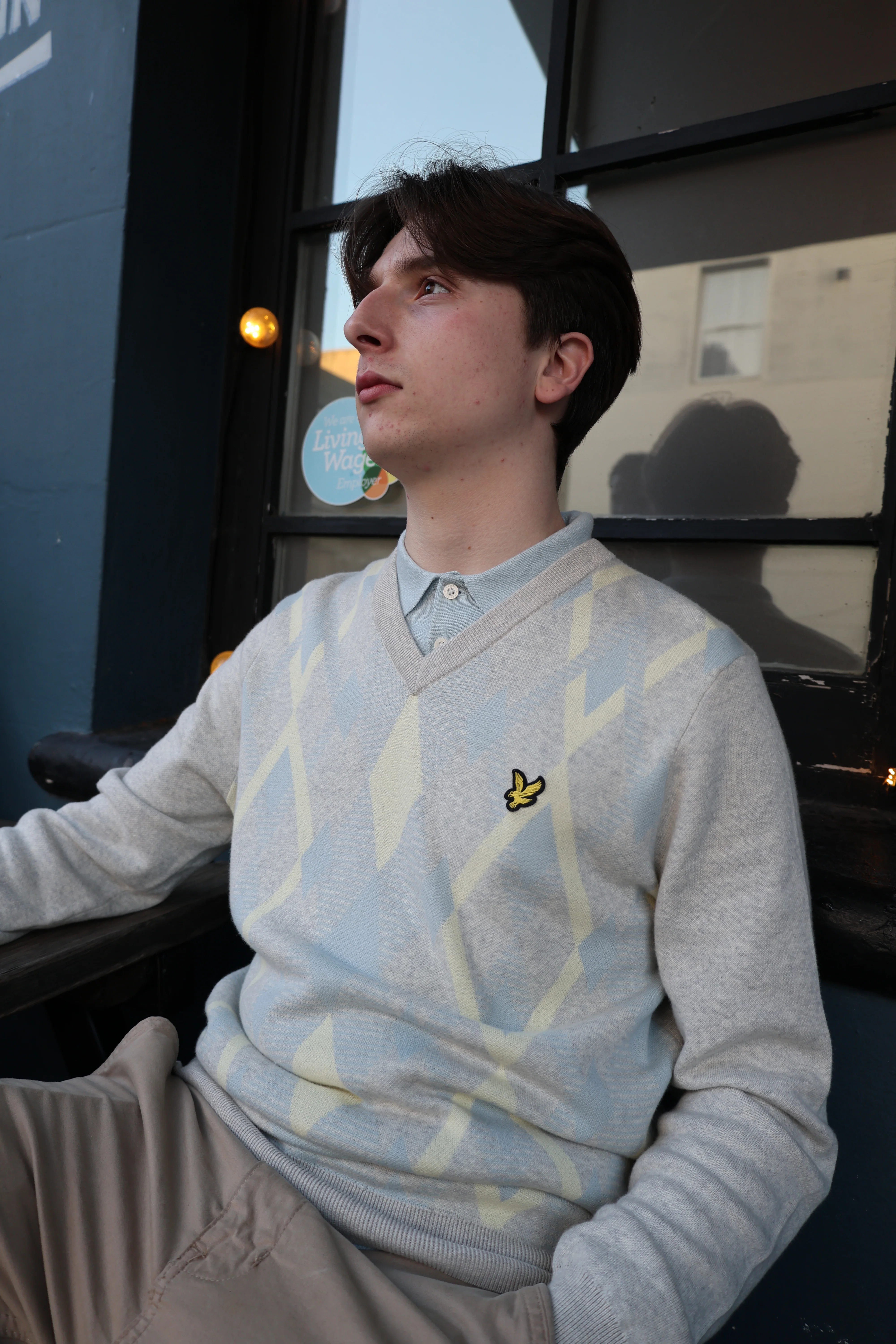 Lyle & Scott Cotton Argyle V Neck Jumper Light Grey Marl/ Opal Blue - Image 5