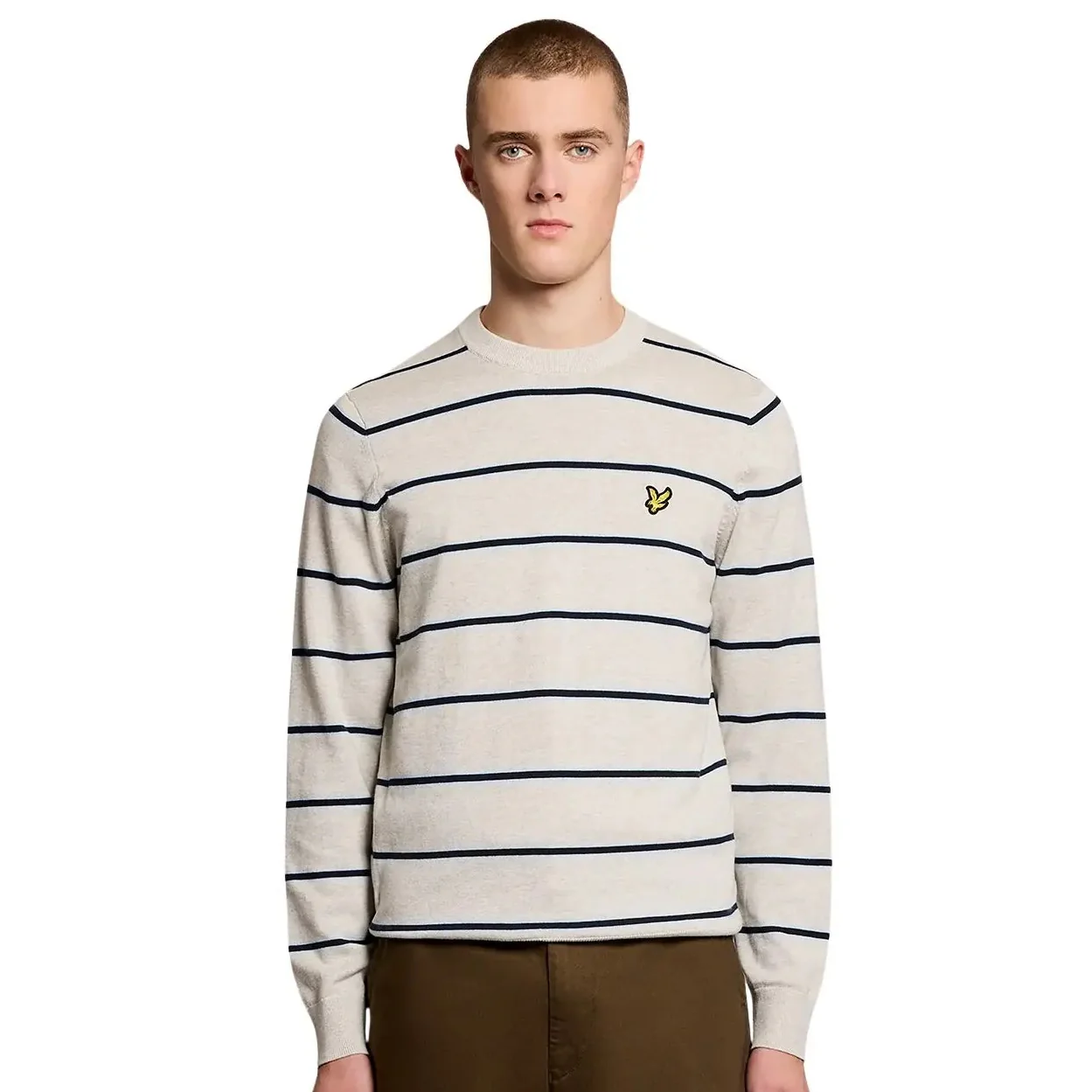Lyle & Scott Cotton Striped Crew Neck Jumper Light Grey Marl