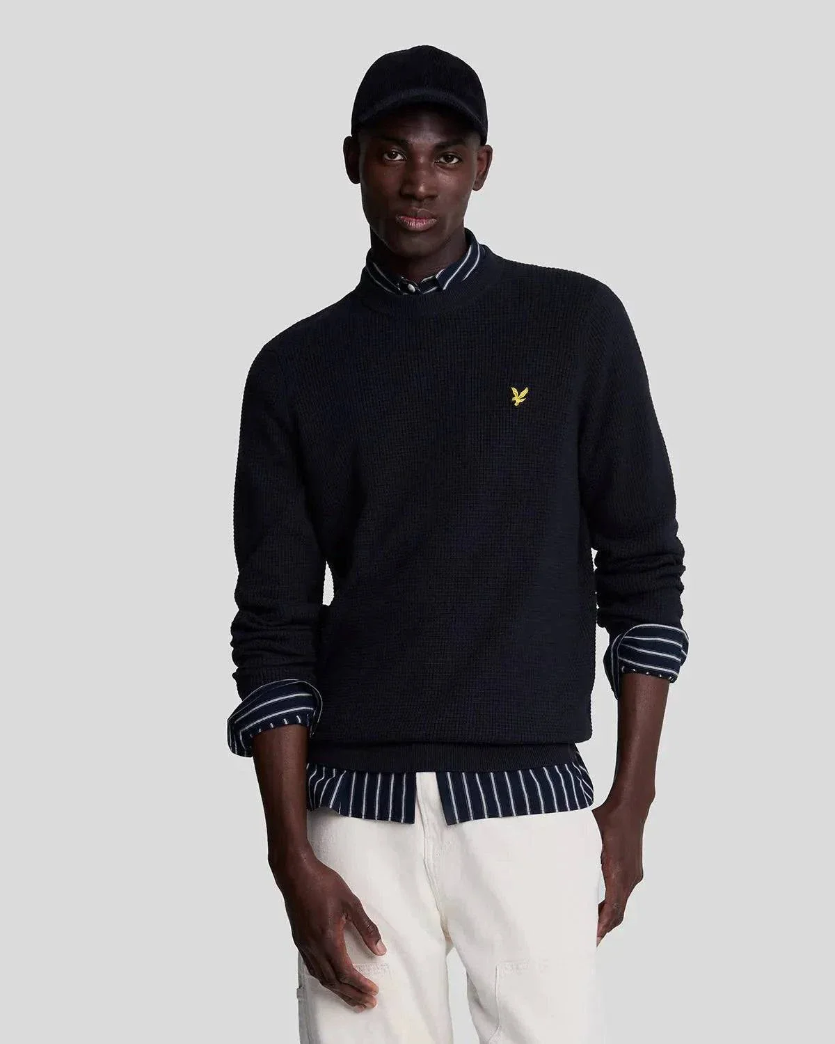Lyle & Scott Grid Knit Crewneck Jumper In Dark Navy - Image 2