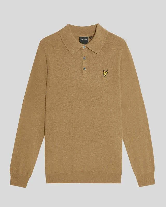 Lyle & Scott Merino Long Sleeve Knitted Polo Tigers Eye