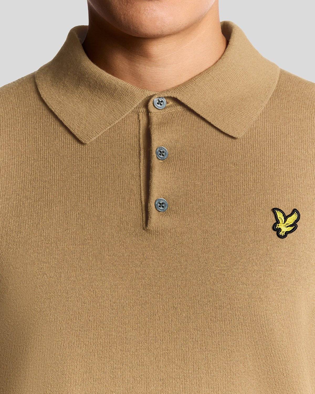 Lyle & Scott Merino Long Sleeve Knitted Polo Tigers Eye - Image 2