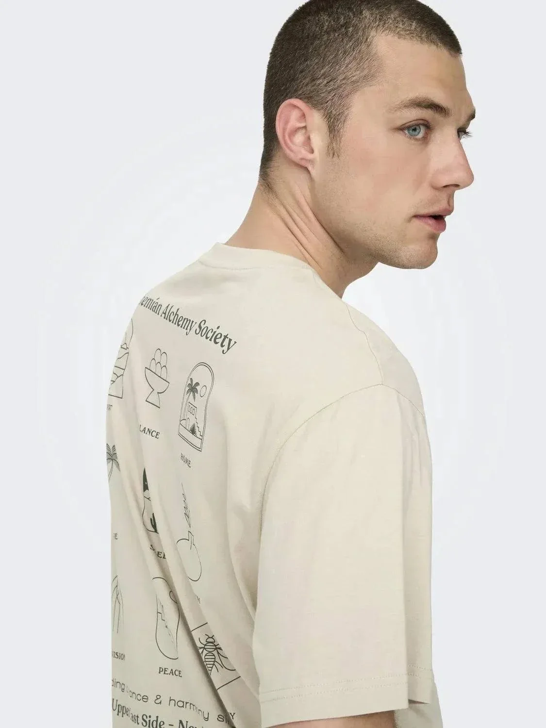 Only & Sons Kason Relax Print T-Shirt Silver Lining - Image 3