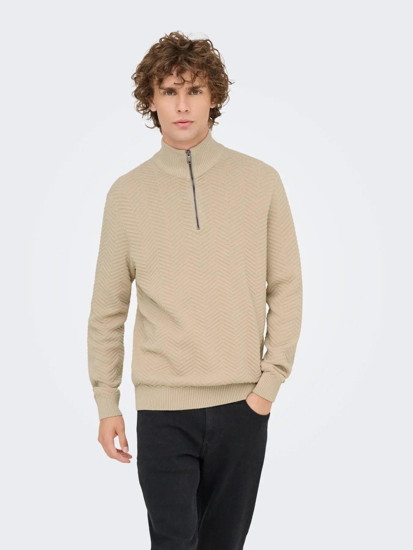Only & Sons Onsmace Herringbone Half Zip Knitted Jumper Cream - Image 2