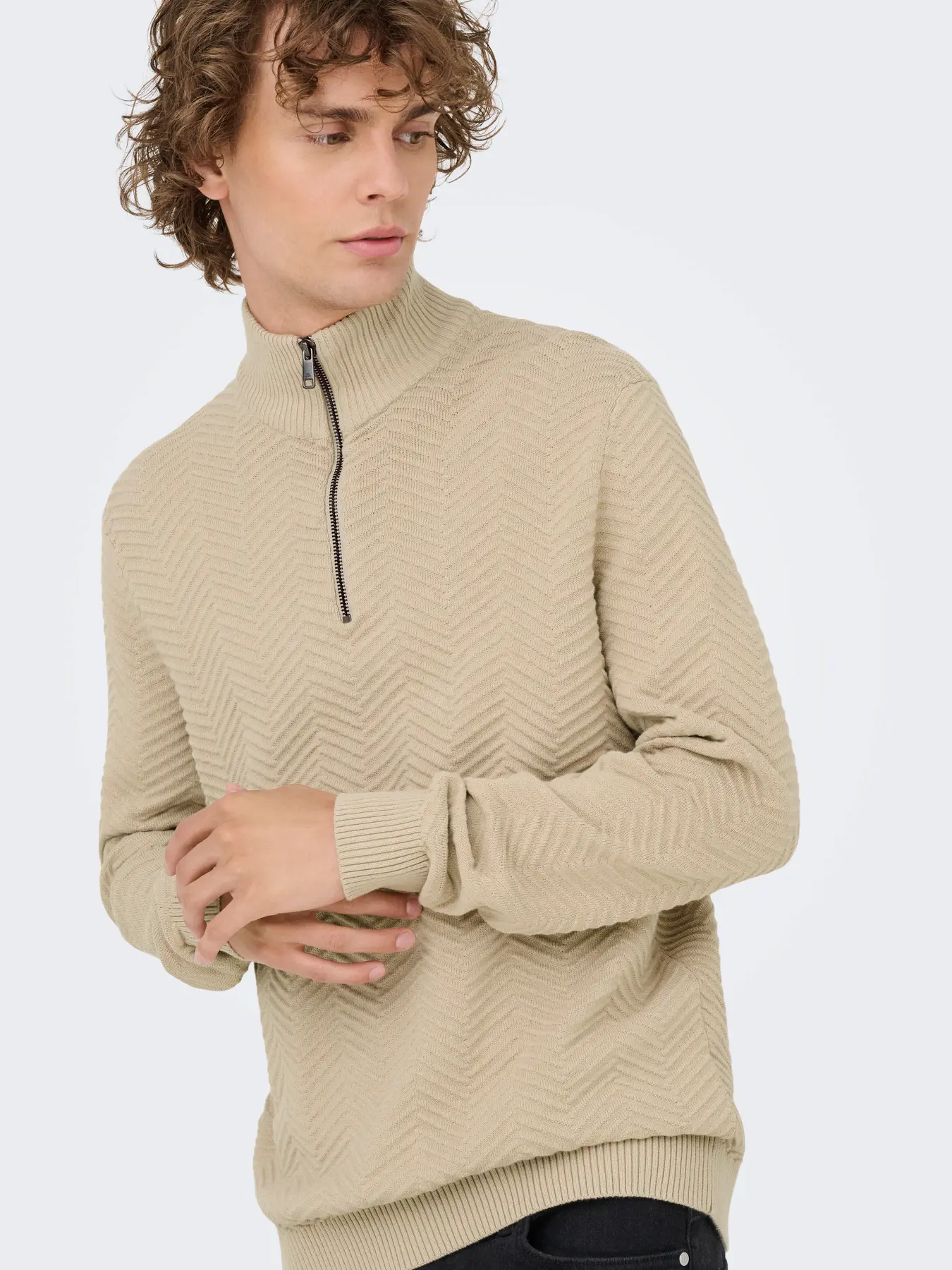 Only & Sons Onsmace Herringbone Half Zip Knitted Jumper Cream - Image 3