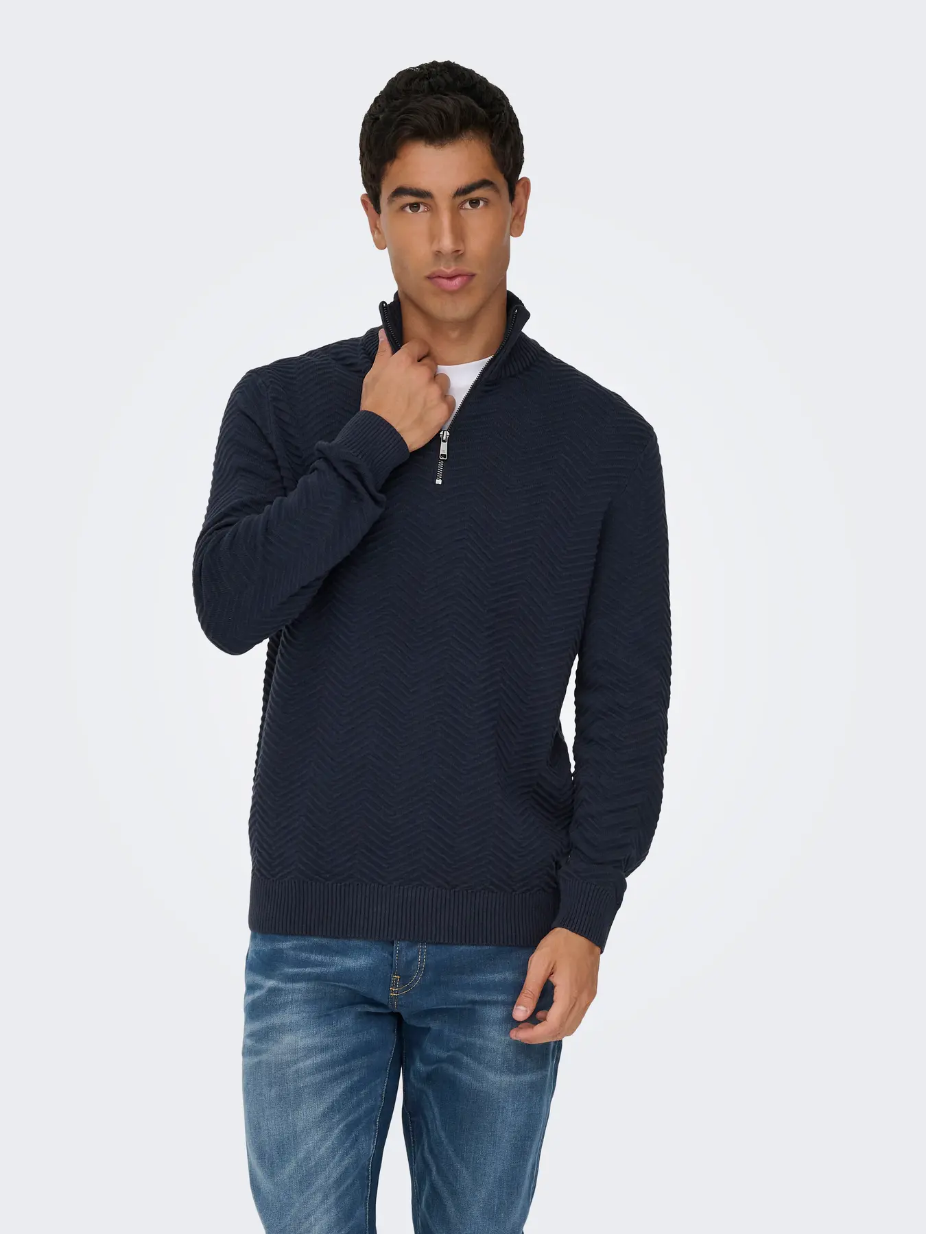 Only & Sons Onsmace Herringbone Half Zip Knitted Jumper Navy - Image 2