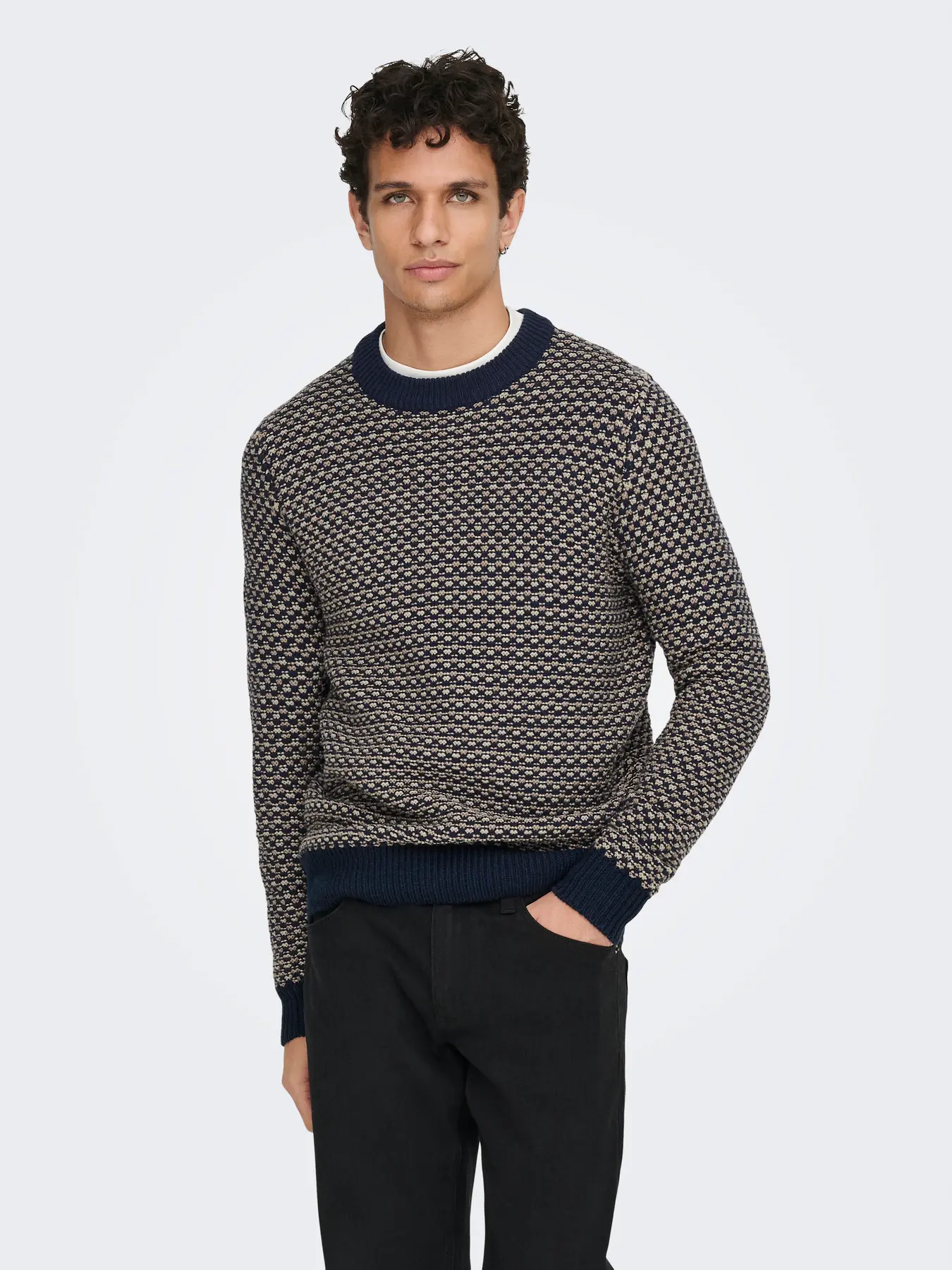 Only & Sons Musa Reg Crew Knitted Jumper Navy/ Desert Taupe - Image 2