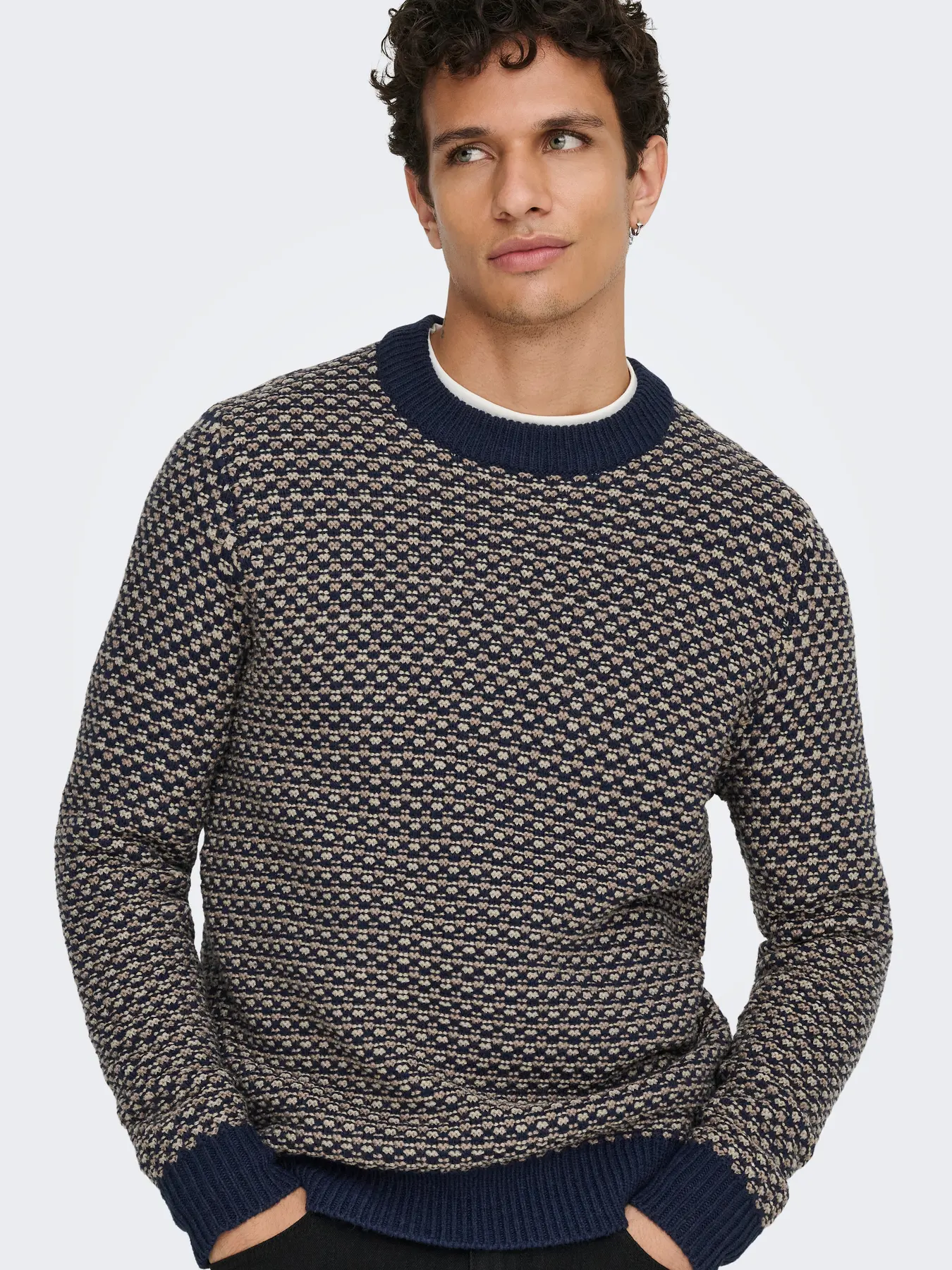 Only & Sons Musa Reg Crew Knitted Jumper Navy/ Desert Taupe - Image 3
