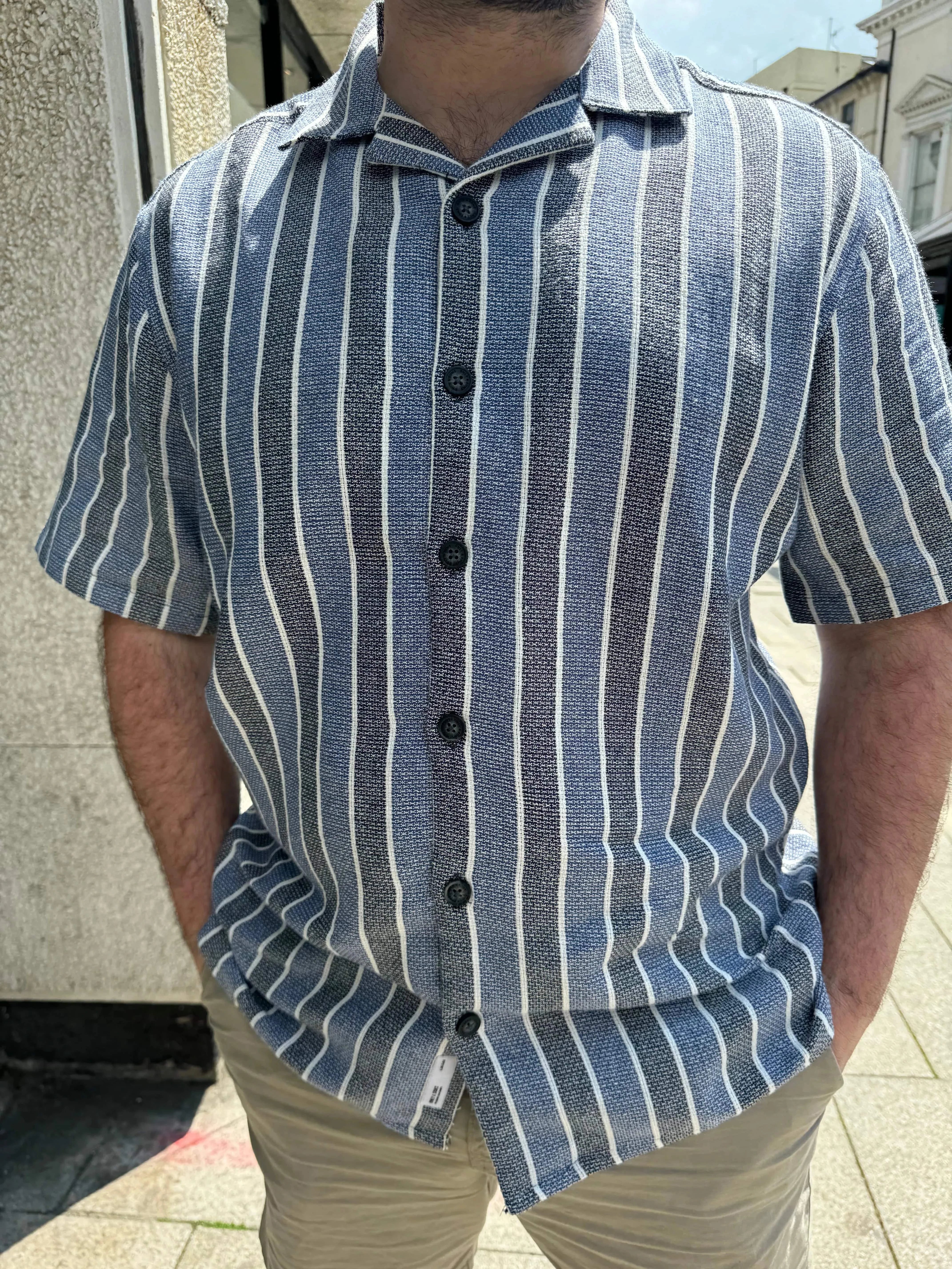 Only & Sons Struc 3 Stripe Shirt in Navy Blazer - Image 2