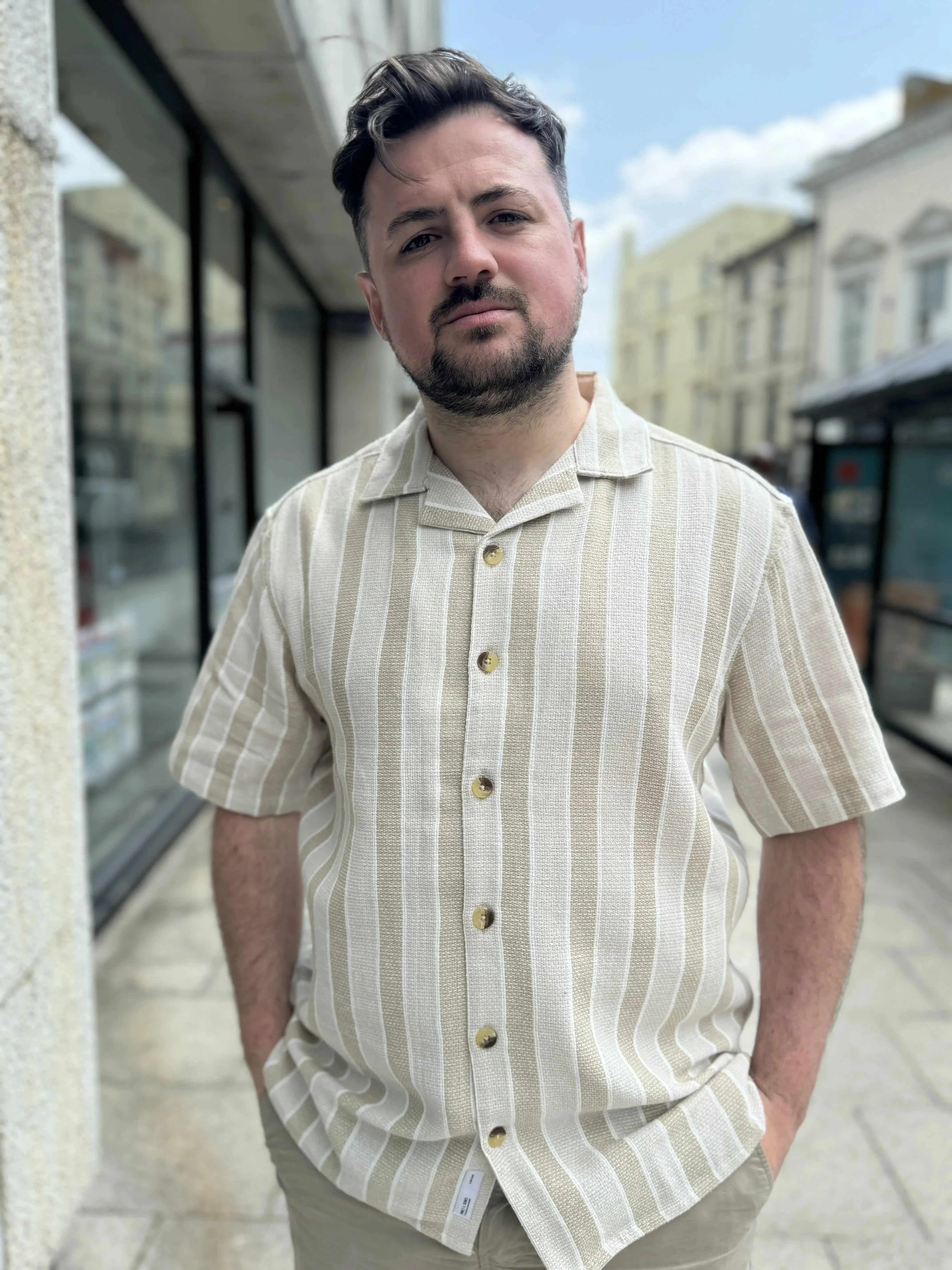 Only & Sons Struc 3 Stripe Shirt in Vintage Khaki - Image 2