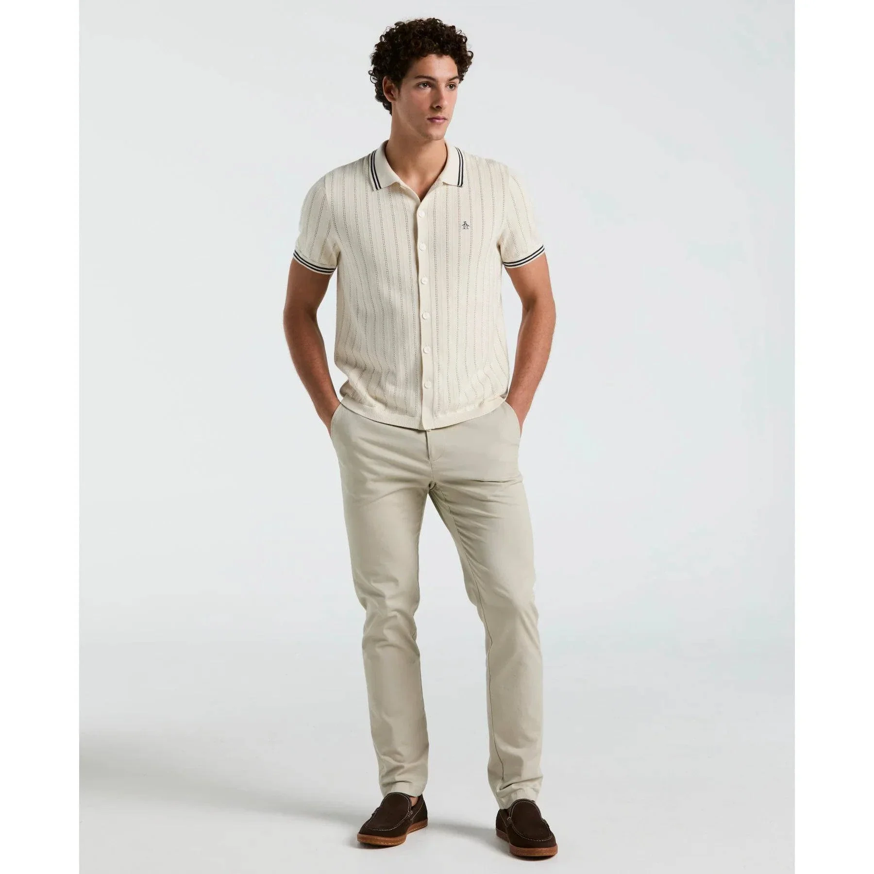 Original Penguin Drop Needle Button Front Sweater Polo Shirt In Birch - Image 3