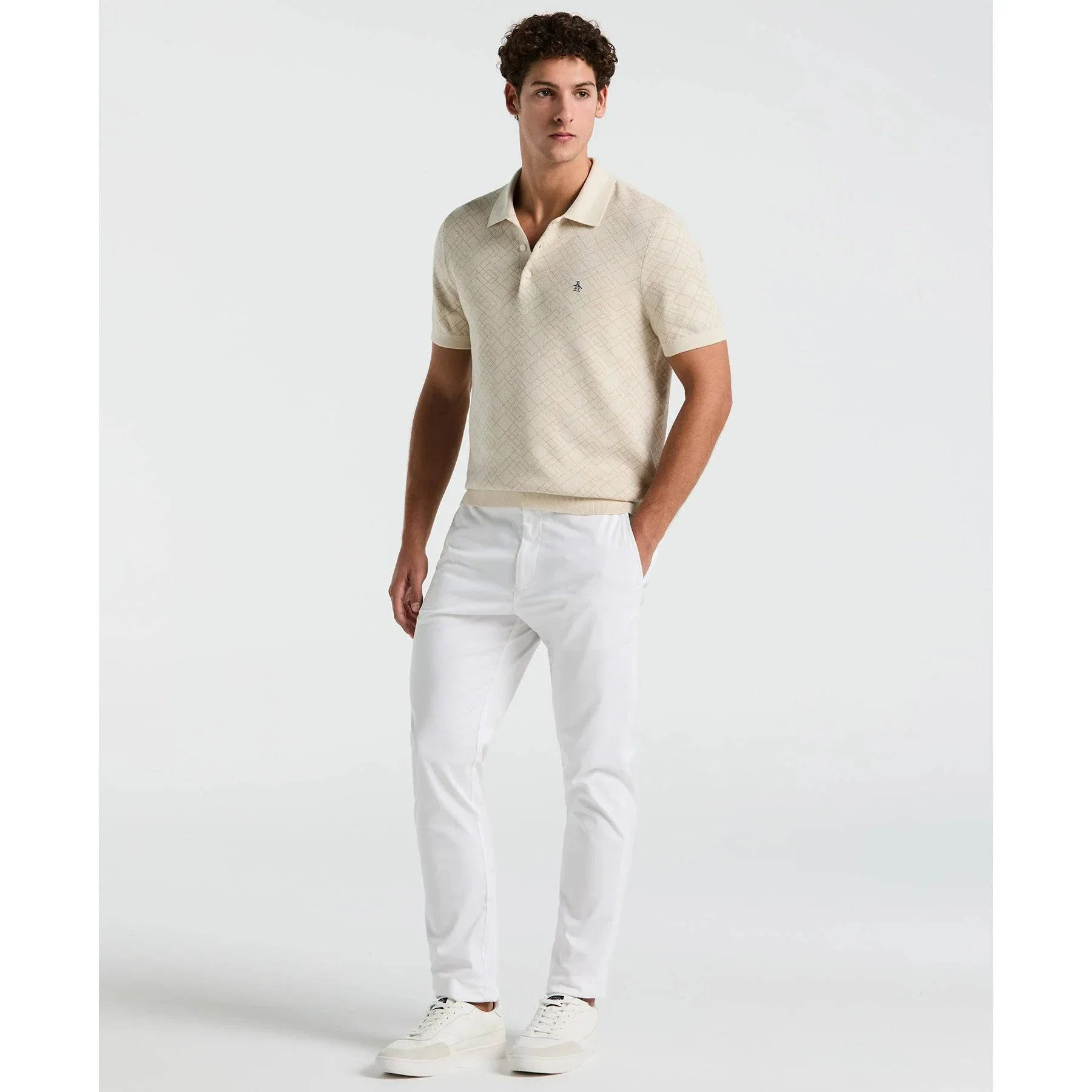 Original Penguin Jaquard Sweater Polo Shirt in Birch - Image 3
