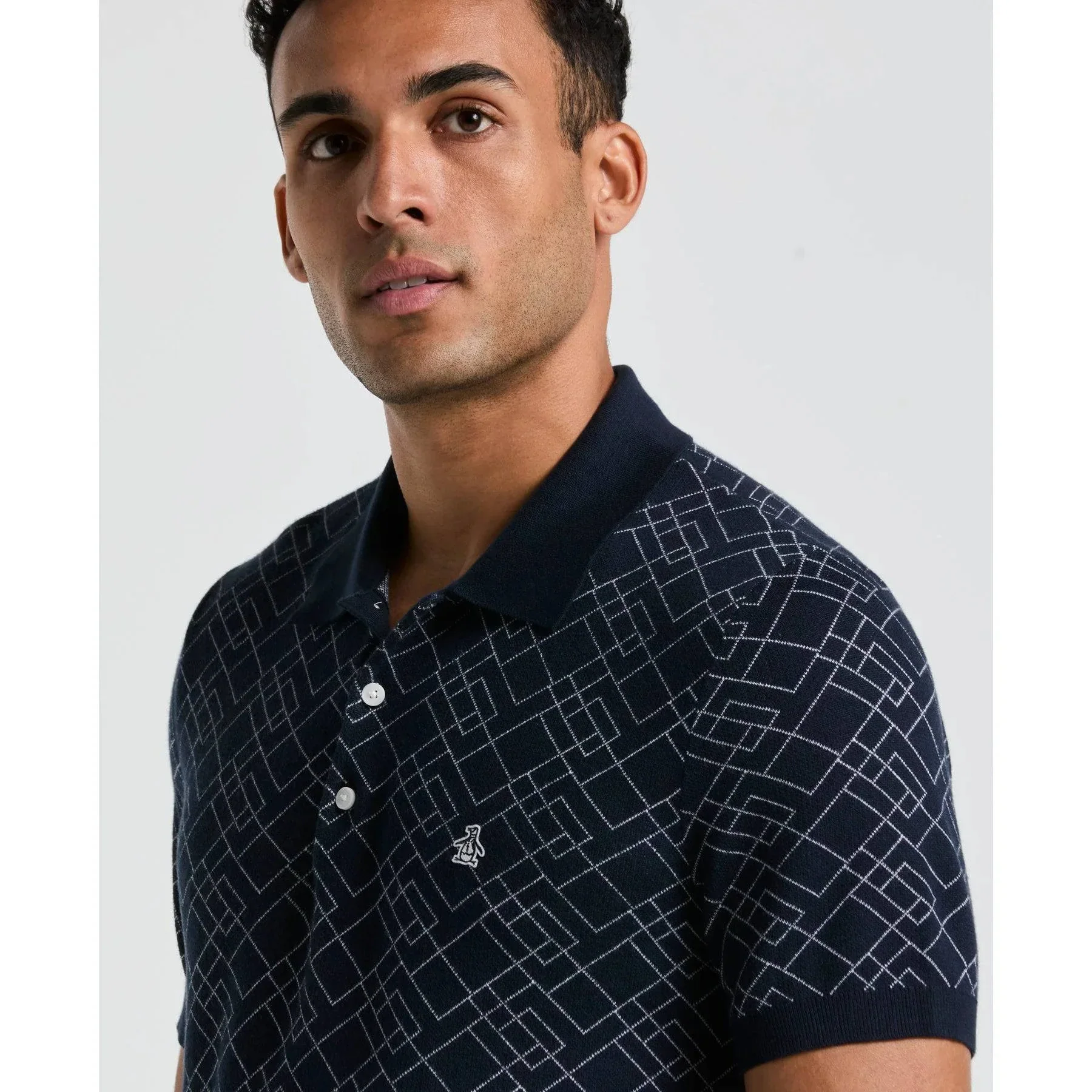 Original Penguin Jaquard Sweater Polo Shirt In Dark Sapphire - Image 3