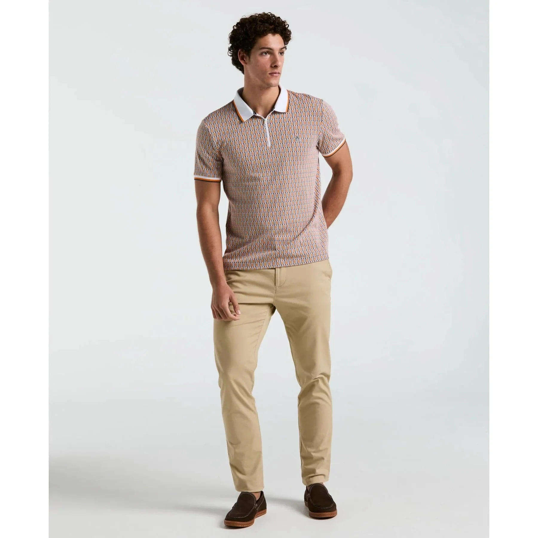 Original Penguin Tipped Jacquard Geo Print Zip Polo Shirt In Orange Peel - Image 3