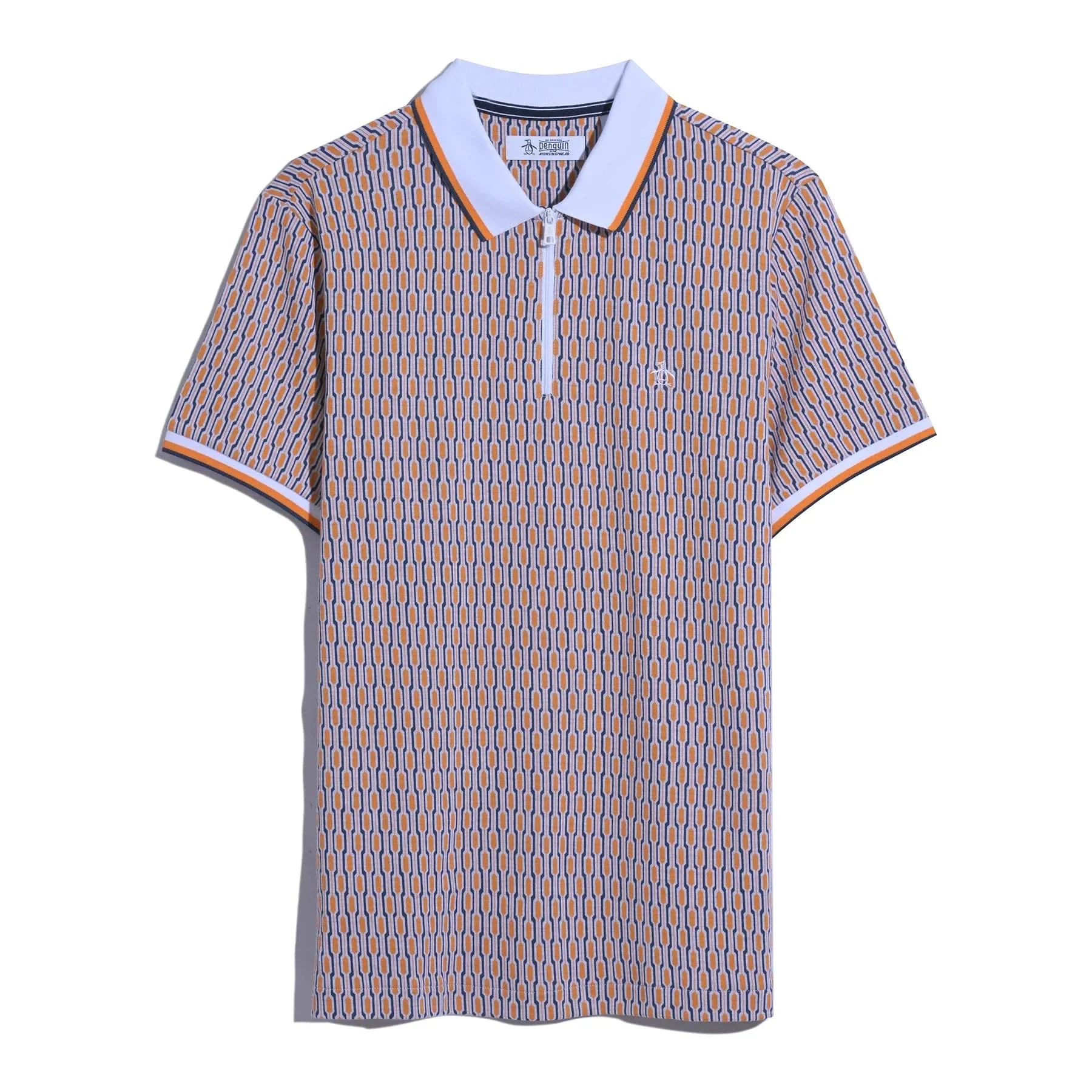 Original Penguin Tipped Jacquard Geo Print Zip Polo Shirt In Orange Peel - Image 4