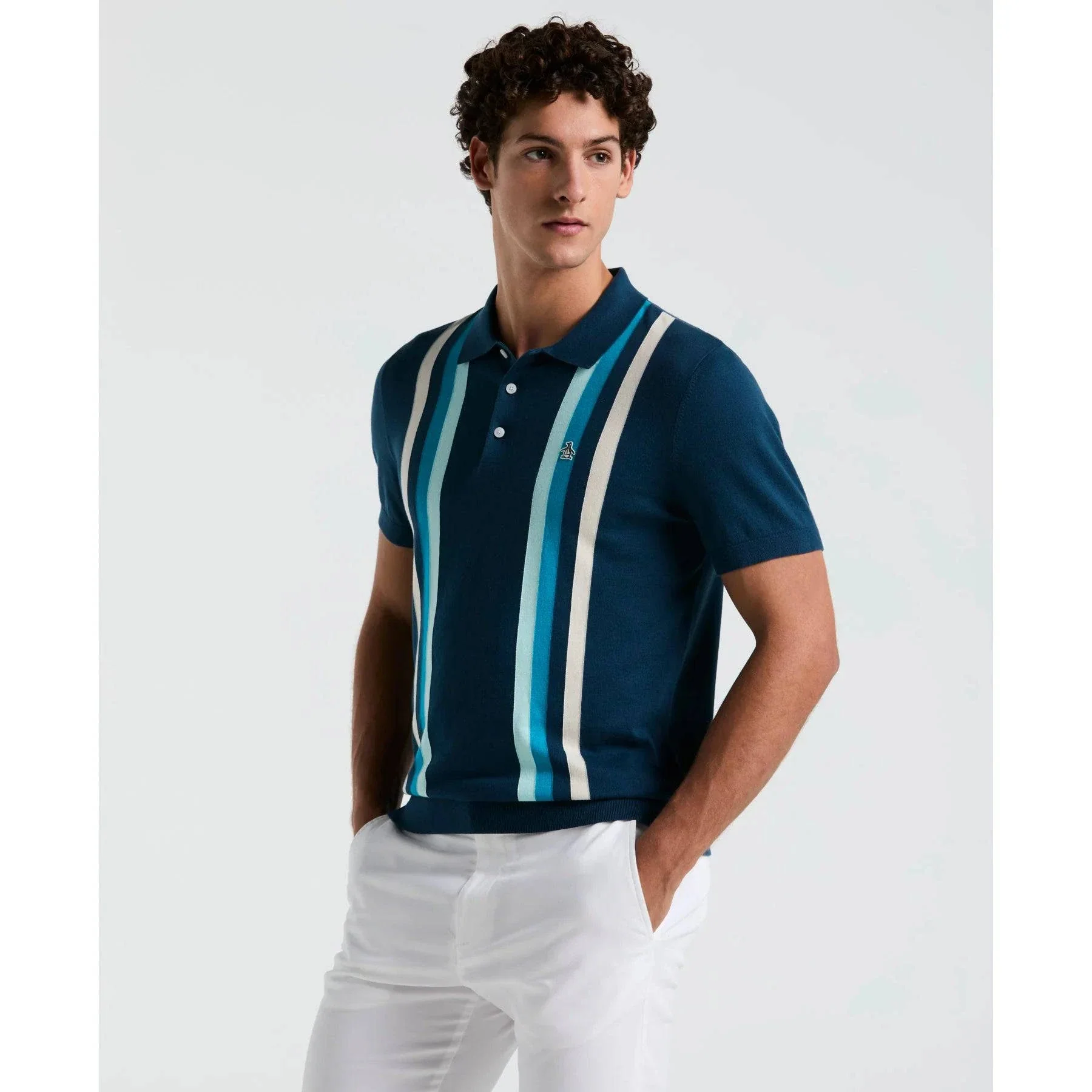 Original Penguin Vertical Stripe Sweater Polo Shirt In Blue Wing Teal - Image 2