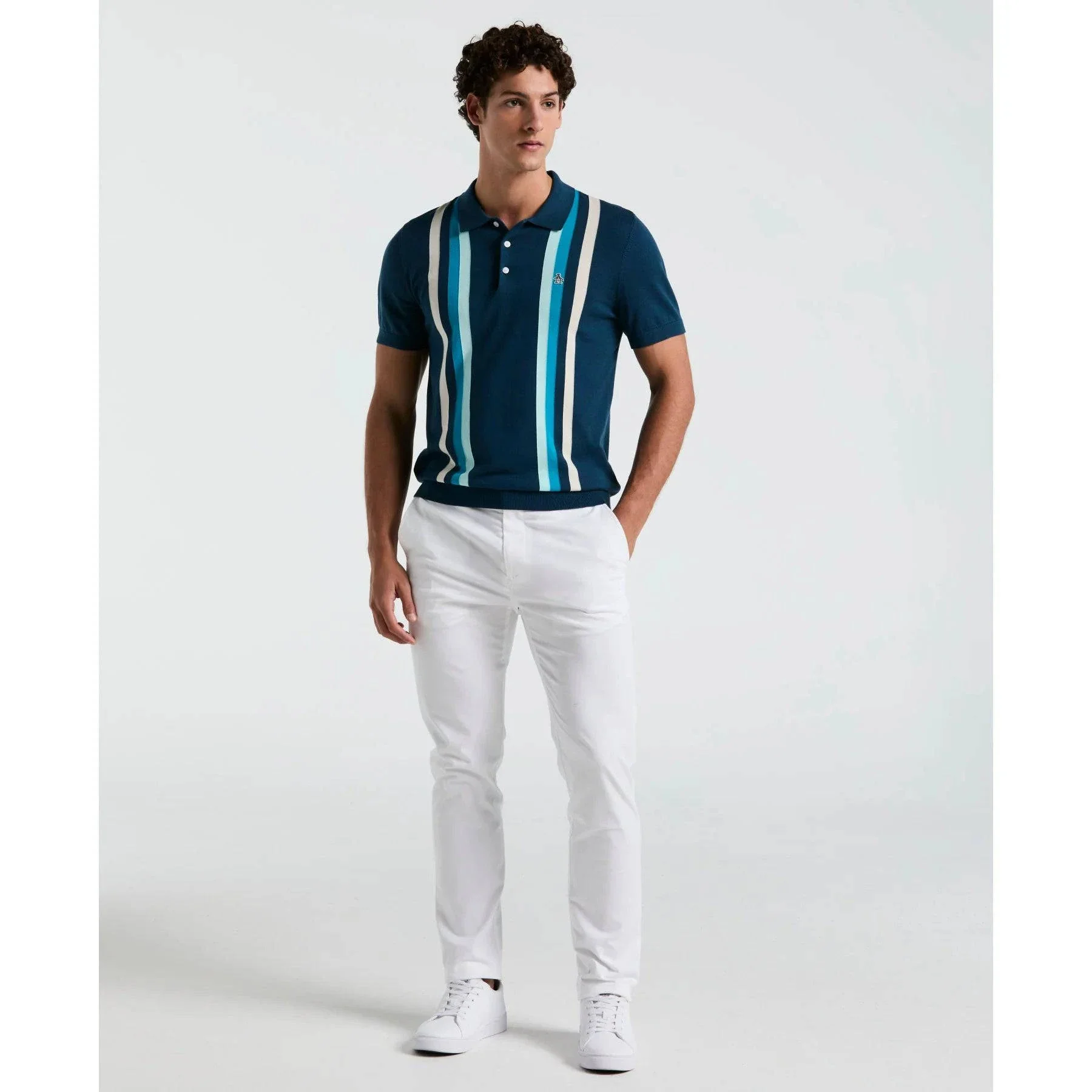 Original Penguin Vertical Stripe Sweater Polo Shirt In Blue Wing Teal - Image 3