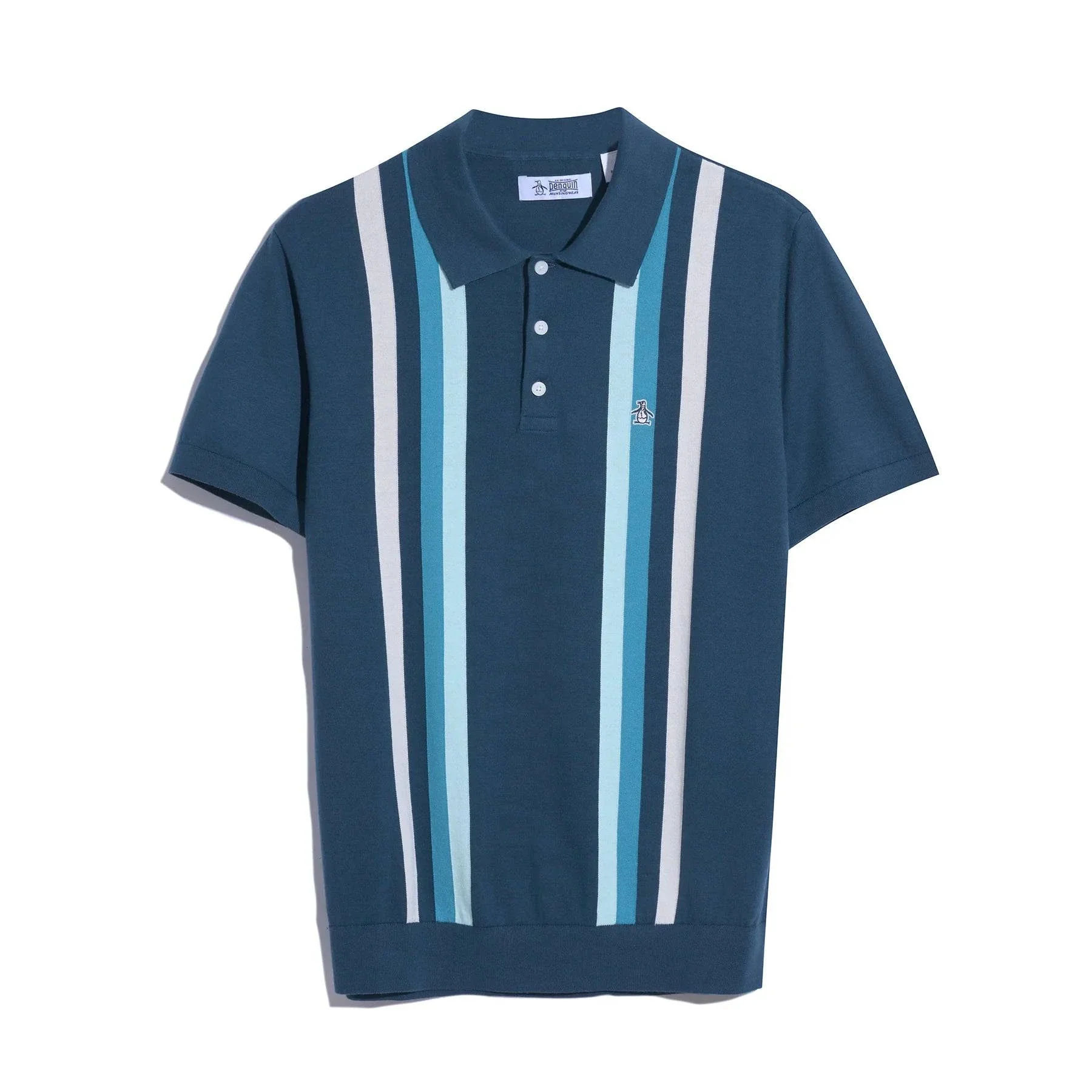 Original Penguin Vertical Stripe Sweater Polo Shirt In Blue Wing Teal - Image 4