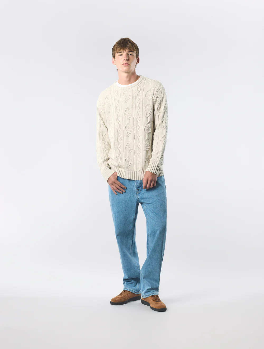 Pretty Green Marylebone Paisley Cable Knit Jumper Stone - Image 2